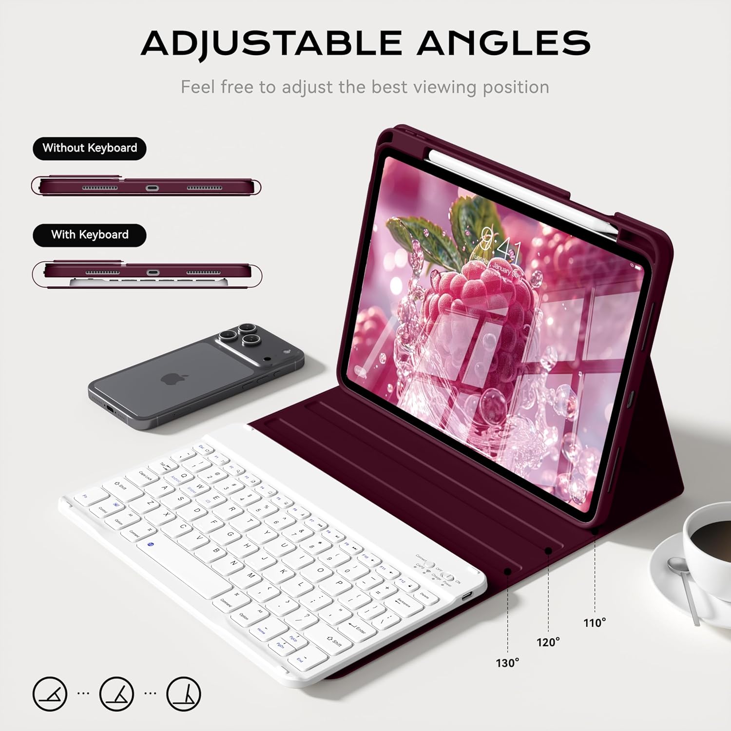 JKSML for iPad 11/10th Generation Case with Keyboard 11-inch A16 2025 10th Gen 10.9 Inch 2022 Wireless Detachable Folio Keyboard Cover Thin & Light with Pencil Holder, Wine Red