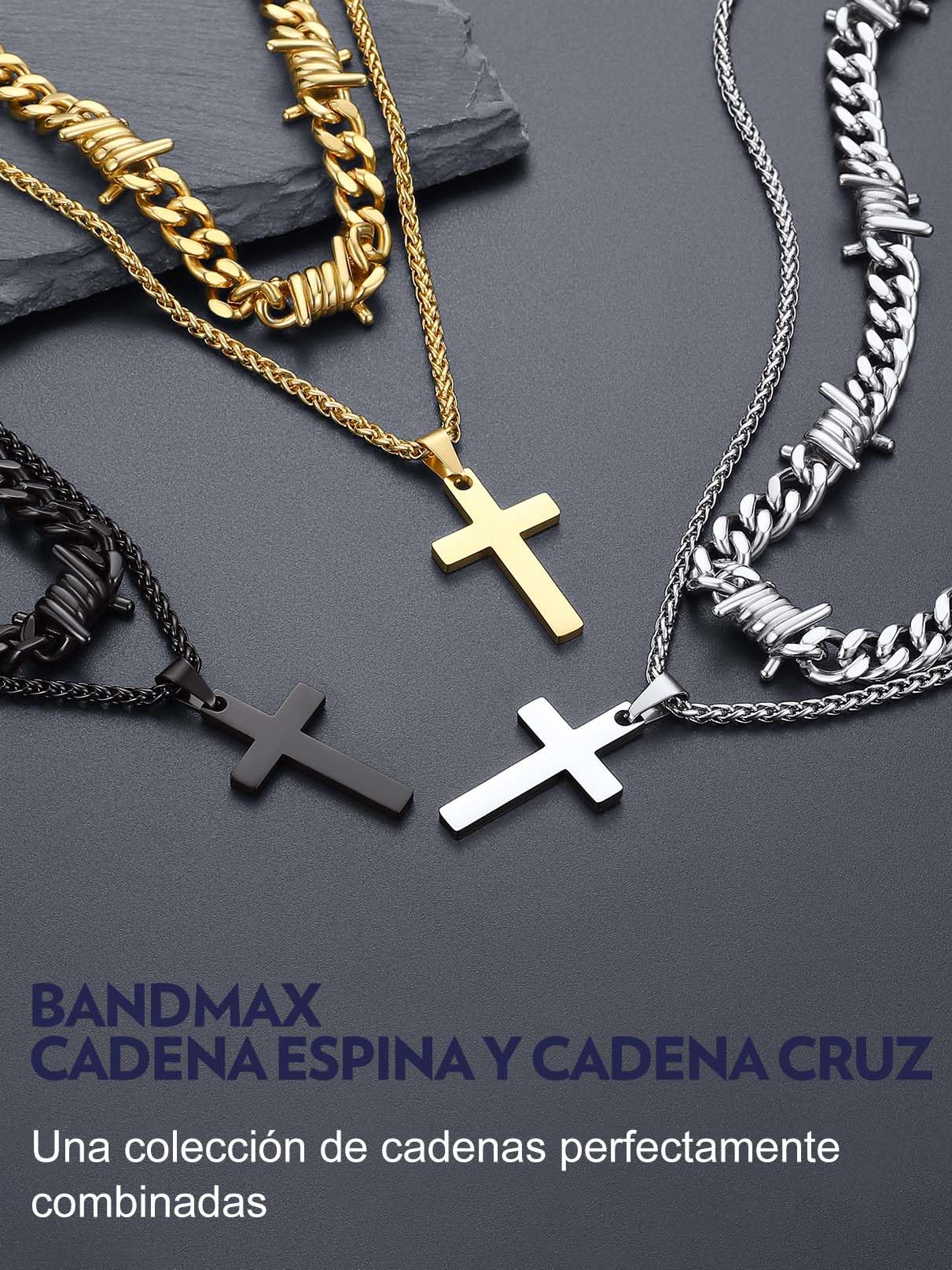 Bandmax Cadena Hombre Cubana Púa Espinas 5/7/9/12mm Ancho, Collar Apilado Gotico Hip Hop Motociclista Punk, Incluye Joyero