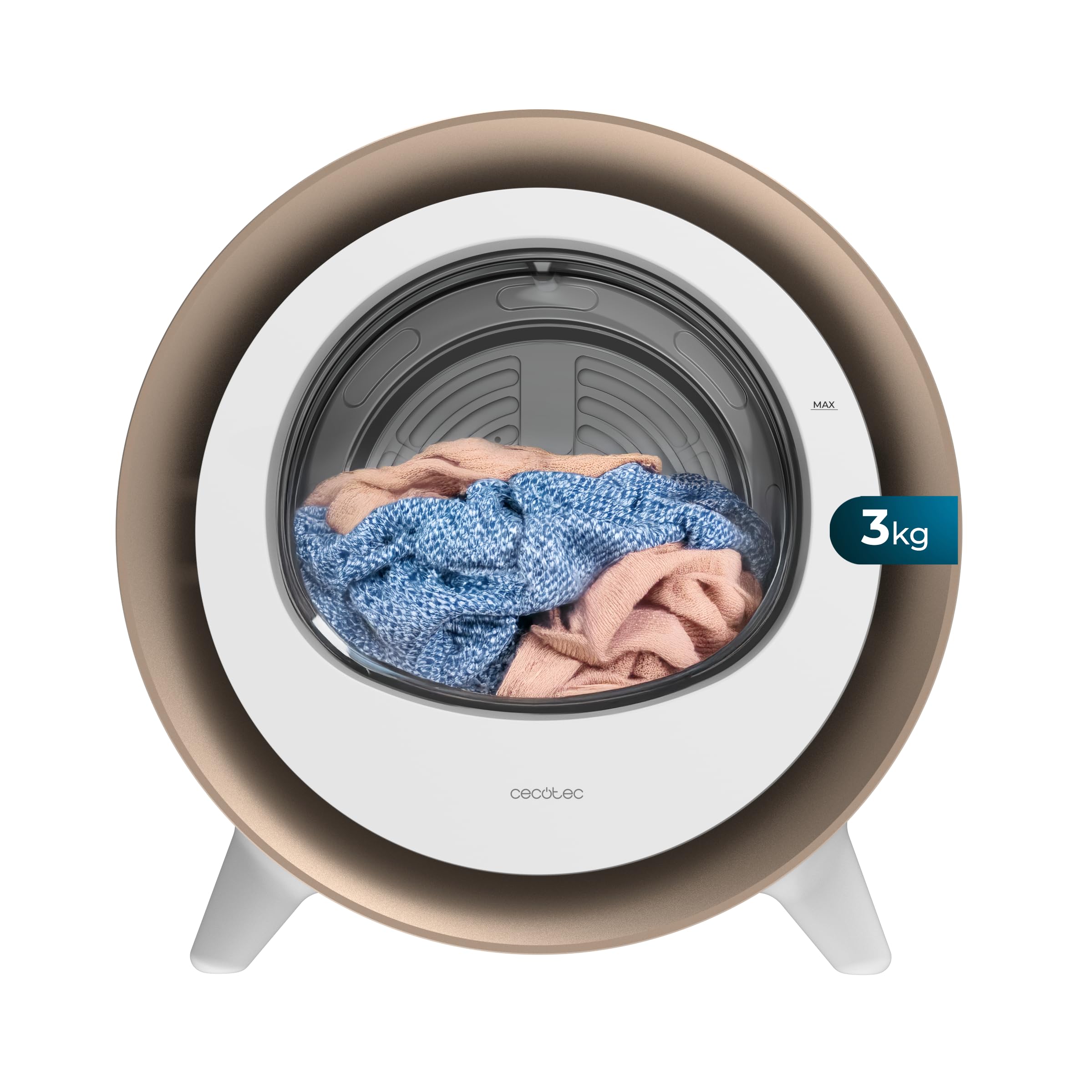 Cecotec Secadora Compacta Evacuación 3Kg Bolero DressCode Dry 3500V Gold. 8 Programas, Secado Automático Inteligente, Control Touch, Función UV Care, Tambor Inox, Antiarrugas, Blanco y Oro Cromado