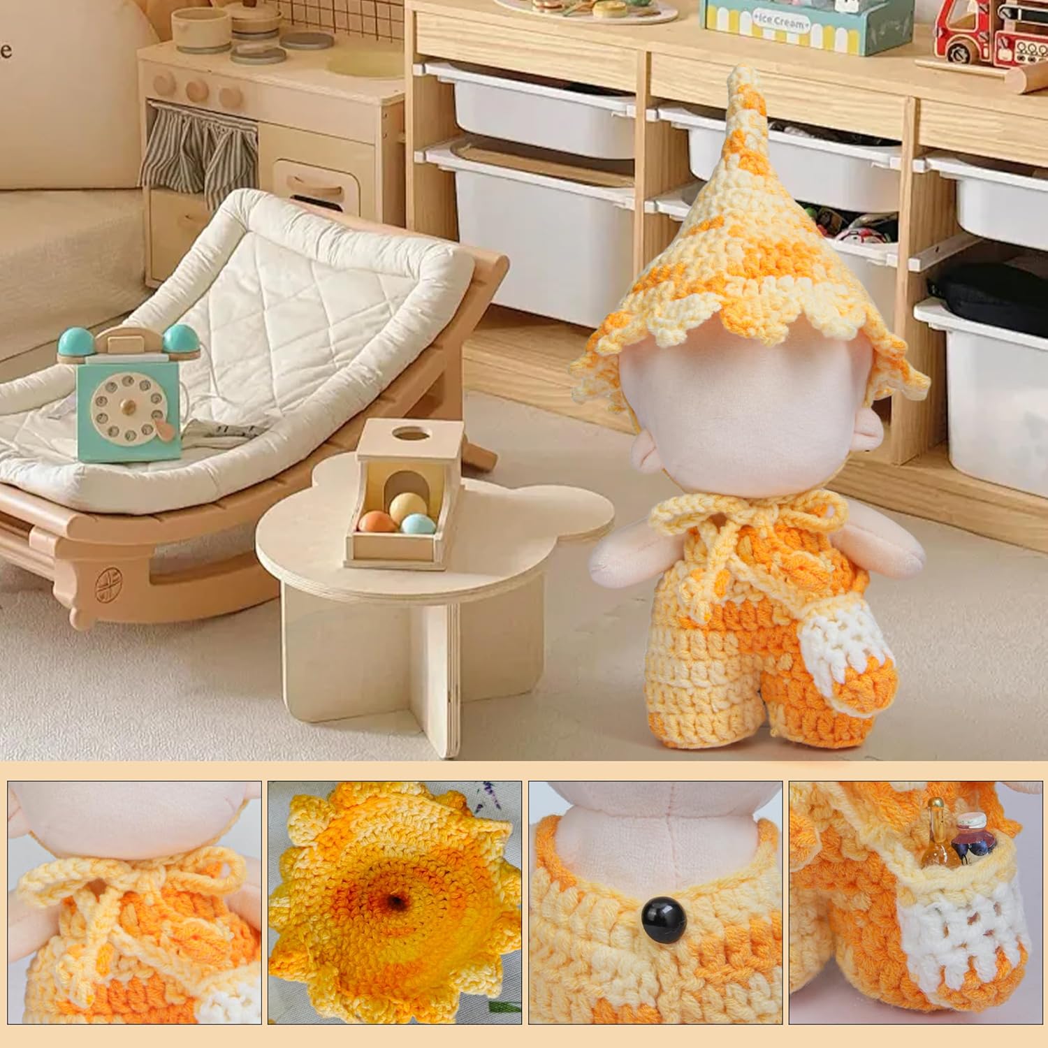17cm Doll Clothes - Handmade Dreamy Elf Style Set, Premium Dolls Outfit with Accessories - Bright Yellow One-piece Trousers + Gradient Color Hat + Matching Bag (NO Doll)