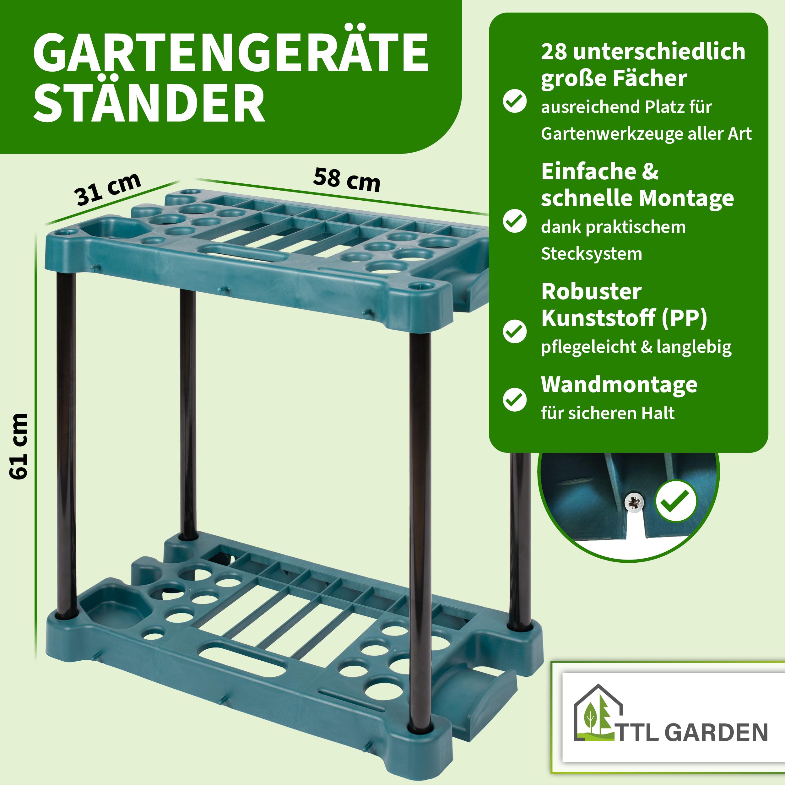 TTL GARDEN Gartengeräte Ständer rechteckig 61x58x31cm grün - 28 Fächer Gerätehalter & Organizer zur Aufbewahrung von Besen Spaten Rechen & Garten Werkzeug - für Gartenhaus Schuppen & Garage