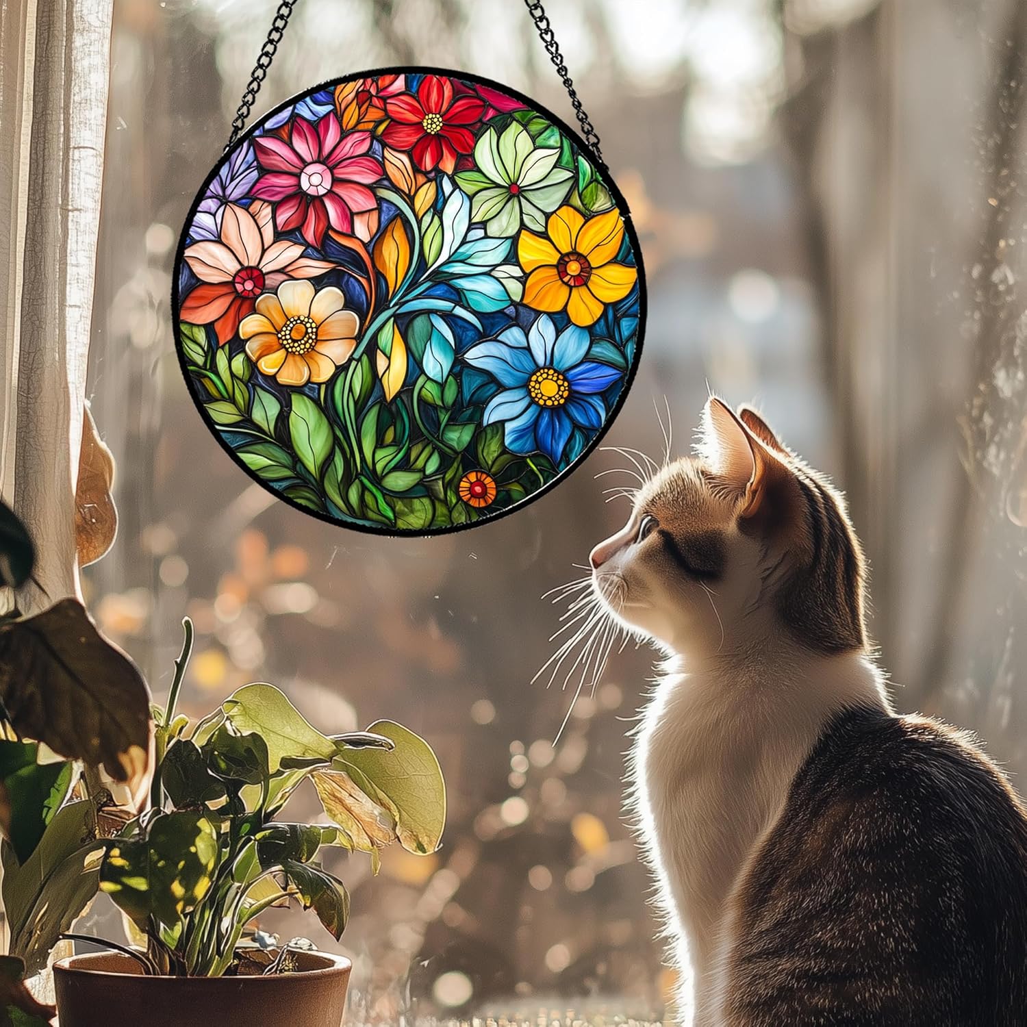 Stained Glass Window Hanging Colorful Flowers and Green Plants 9.8" - Suncatcher Door Garden Sun Catcher Home Decor Birthday Christmas for Mom Men Woman Nana Friend