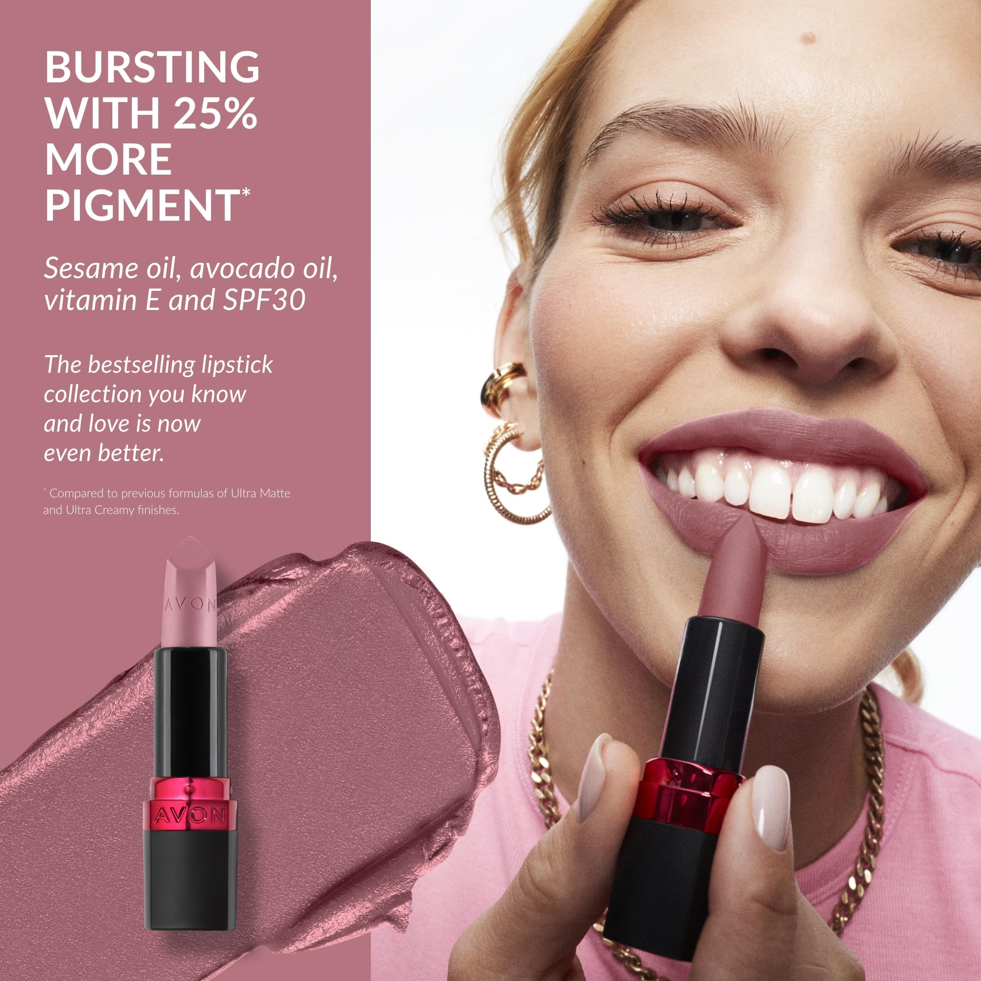 Avon Ultra Matte Lipstick Posh Petal with Vitamin E, Avocado Oil and Sesame Oil for Comfortable Coverage that Won't Cake - Image 4
