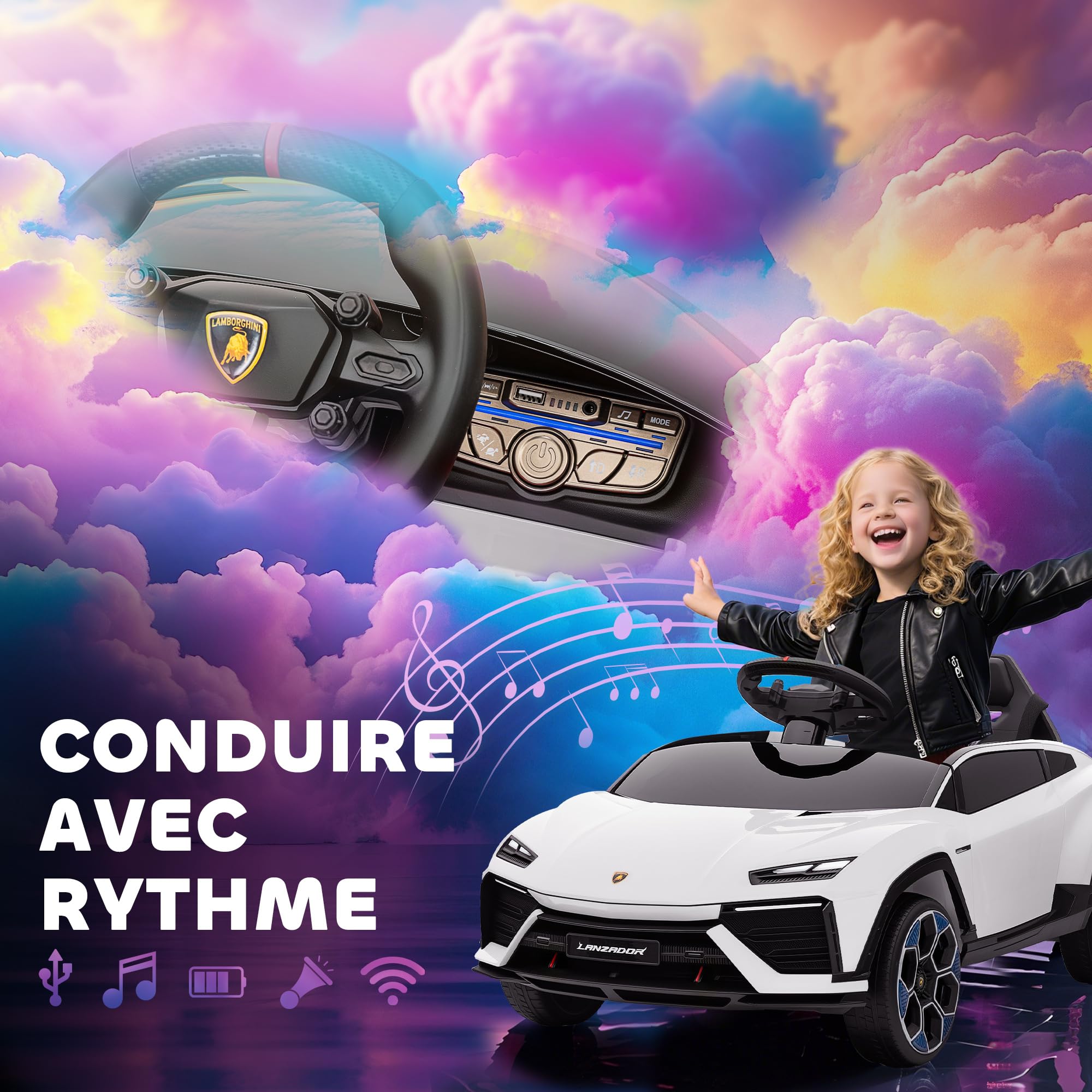 AIYAPLAY Voiture Électrique Enfant Lamborghini 12V Vitesse 4 km/h Blanc | Télécommande 2,4G, 2 Moteurs, Véhicule Électrique avec Phares LED, MP3, Klaxon