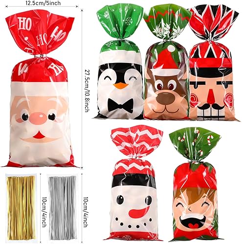 Miniatura 2 de Blulu 180 bolsas de plástico de celofán de caramelo de Navidad con 200 lazos dorados y plateados para Navidad, Papá Noel, galletas, regalos de