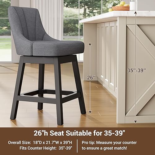 Miniatura 6 de Taburetes de bar giratorios con respaldos, 26 pulgadas de altura de mostrador, taburetes de bar tapizados de tela de lino extra con patas cuadradas