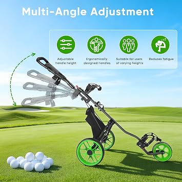 3 Wheel Golf Trolley Folding Golfs Push Cart with Adjustable Height Handle, Lightweight Deluxe Golf Bag
