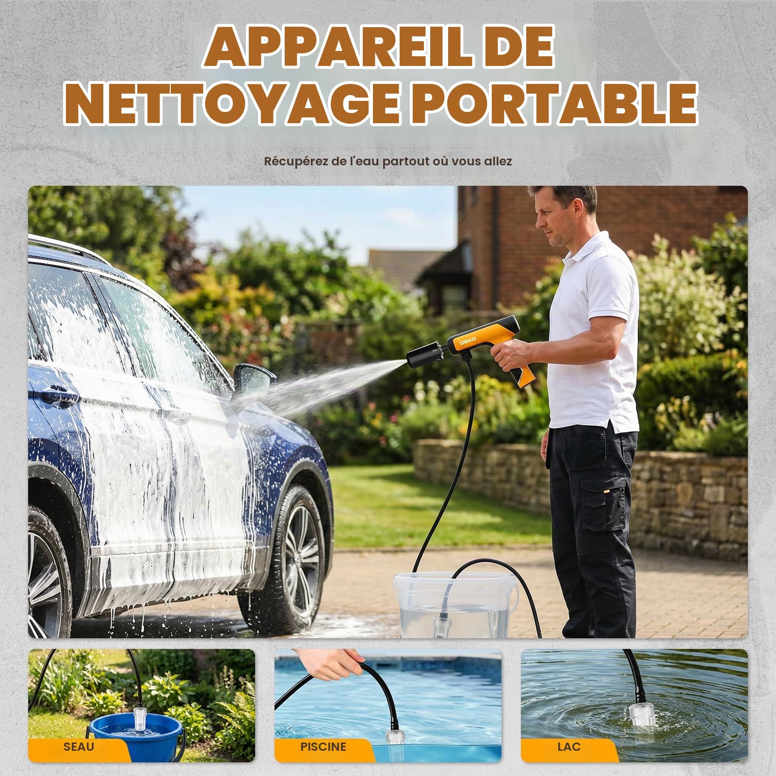 DEKOPRO Nettoyeur Haute Pression sans Fil, 130 PSI Pistolet À Eau Haute Pression Batterie, Laveur Jet Portable 5 Modes Nettoyage, Idéal Lavage Voiture, Jardin, Terrasse, Sol et Nettoyage Animaux