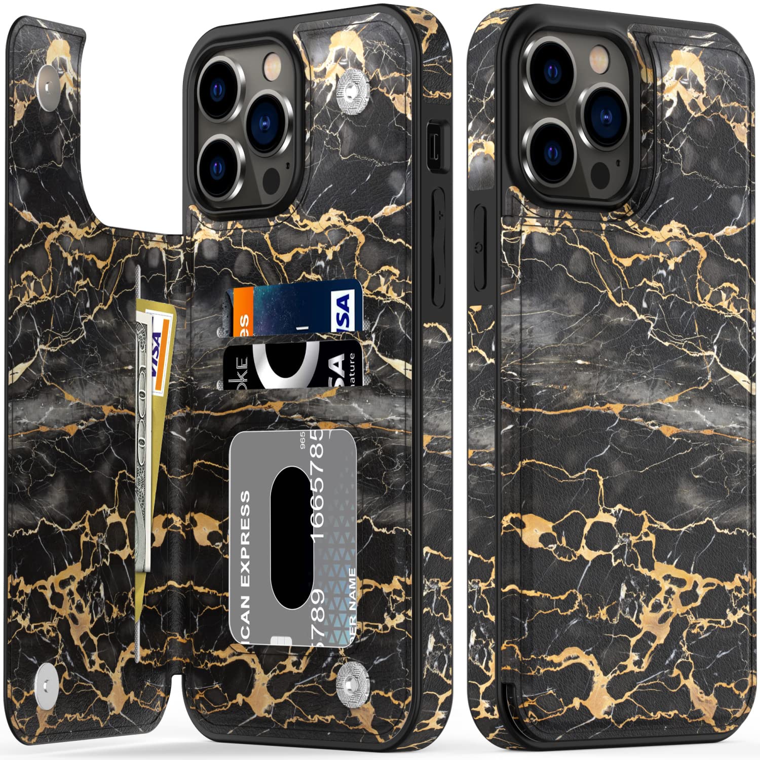 bemal iPhone 13 Pro Case,Flip Folio Leather Wallet Case Cover with Unique Fashion Designs for Women Girls,Card Slots Kickstand Protective Phone Case for iPhone 13 Pro 6.1" Black Gold Marble