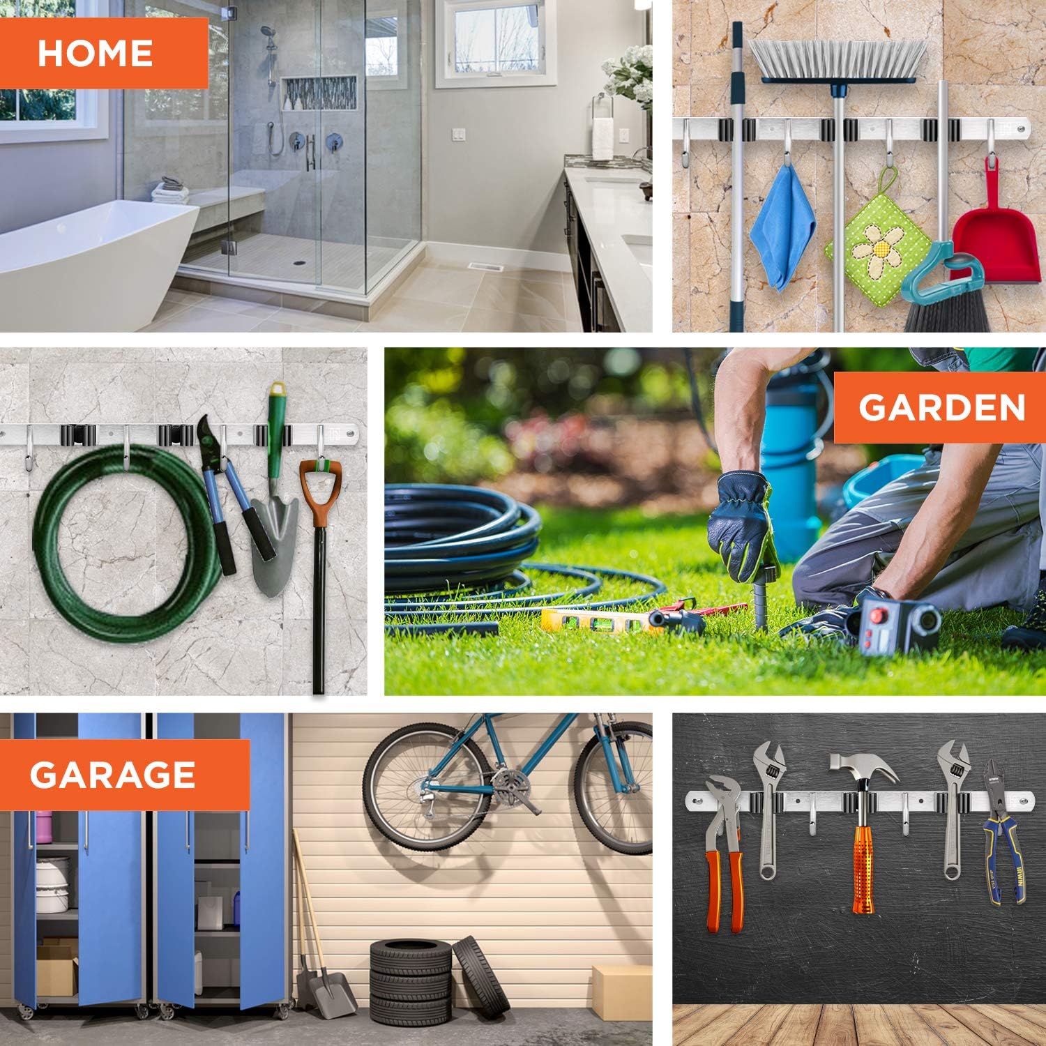 Mop and Broom Holder Wall Mount Heavy Duty - Metal Broom and Mop Holder Wall Mount - Broom Organizer Wall Mount for Kitchen Closet Garage Garden Tool - 3 Broom Hanger Positions with 4 Broom Rack Hooks: Home Improvement