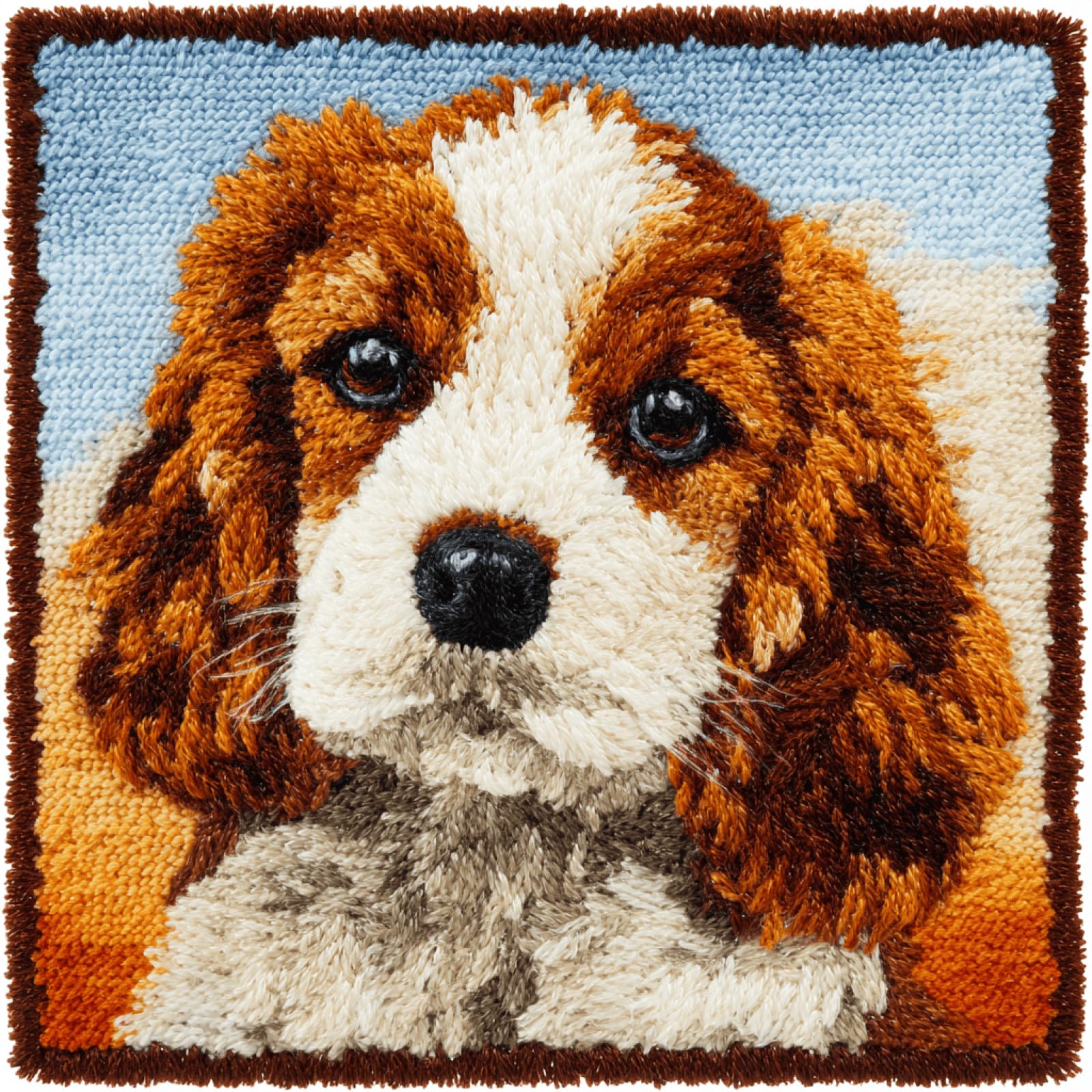 kitphoenix Latch Hook Cushion Kit with Pre-Cut Yarn,Printed Canvas,Crochet Hook and Instructions,Cocker Spaniel,DIY Cushion Making Craft Kit 43x43 cm for Beginners,Adults,Home Decoration