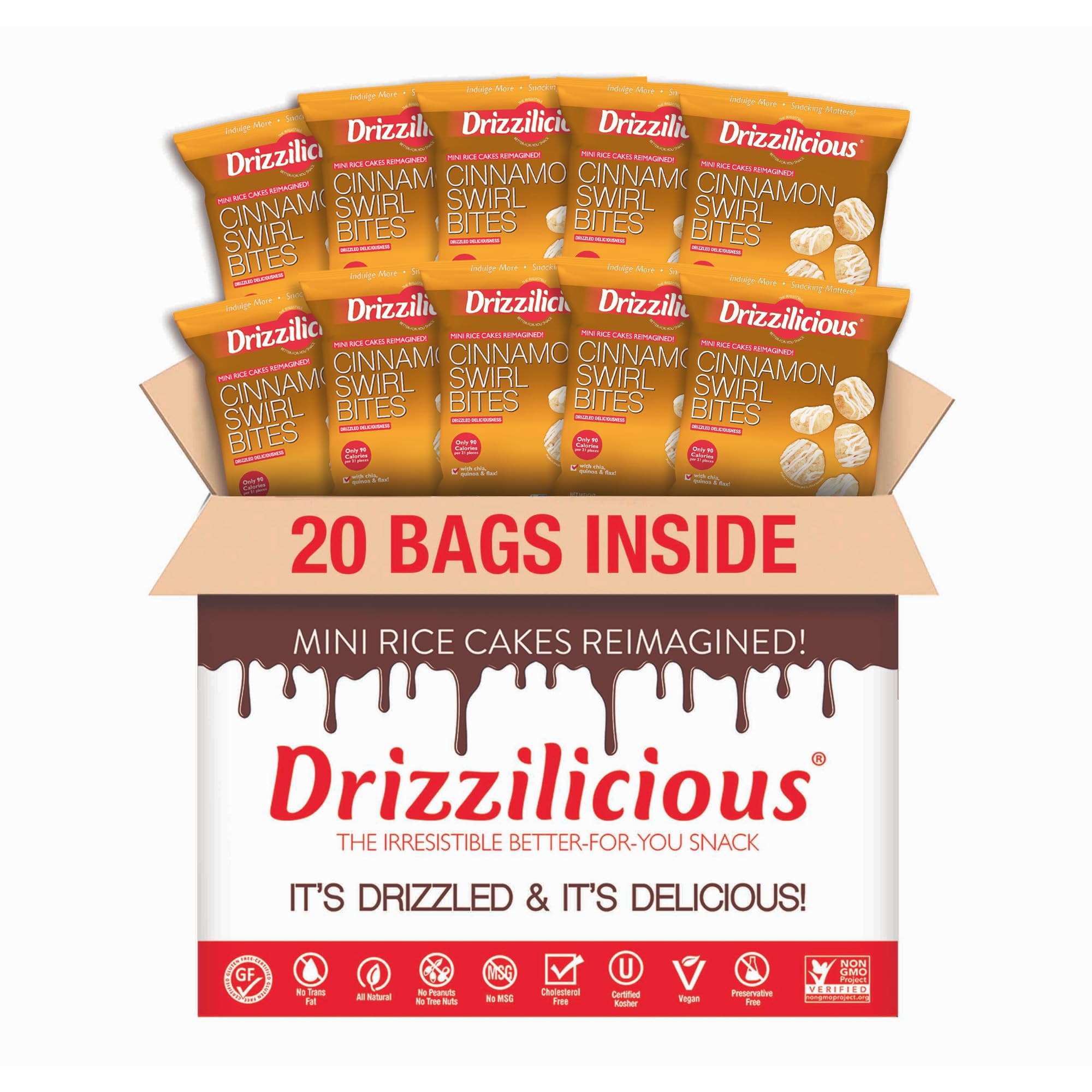 DrizziliciousMini Rice Cakes Cinnamon Swirl - Rice Crisps, Healthy Snack for Adults and Kids, Flavored Rice Cakes, Vegan, Gluten Free, Allergen Free, Only 90 Calories Per Bag - 0.74 oz (Pack of 20)