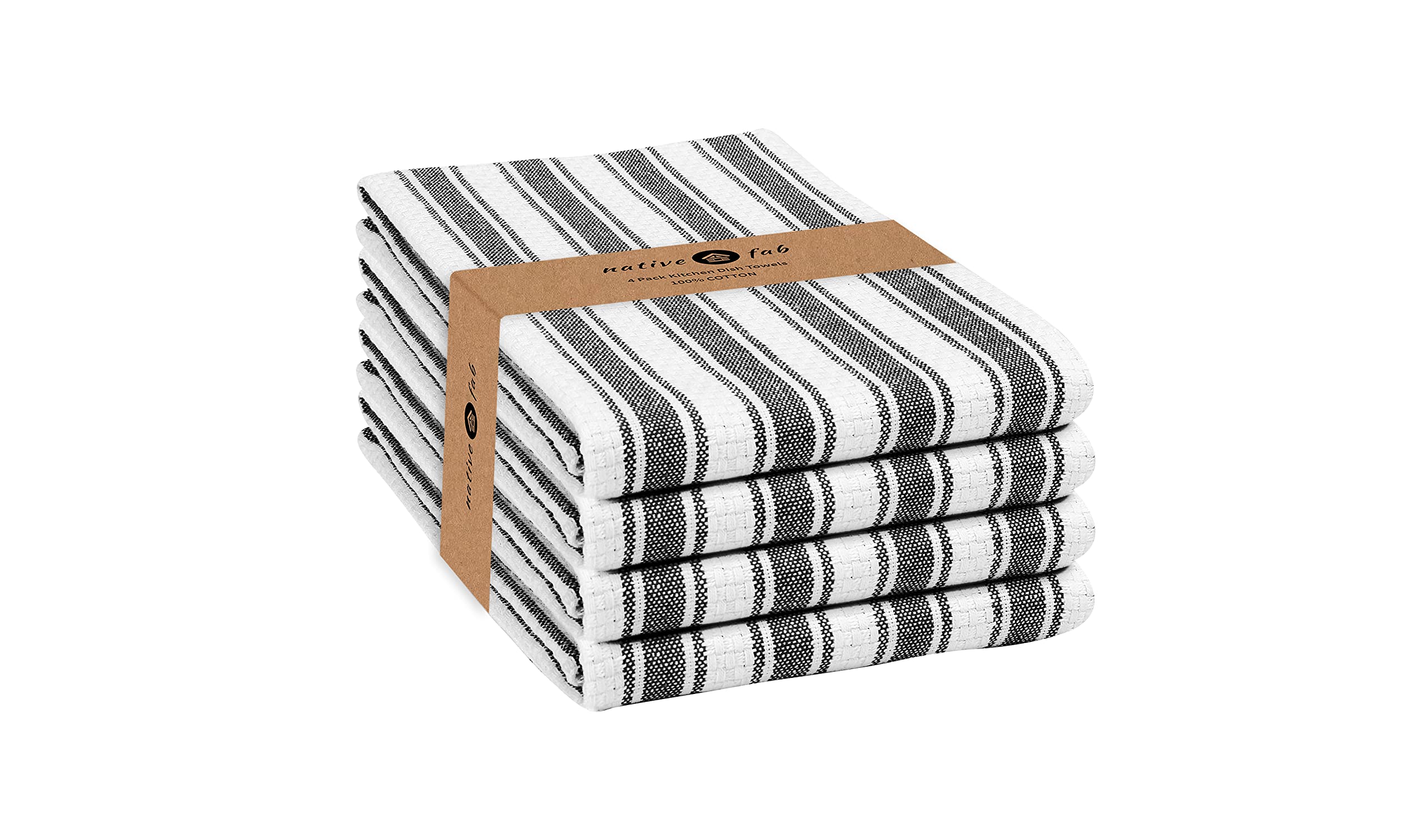 Native Fab Stripe Tea Towel with Hanging Loop 40x66 cm, Set of 4, 100% Cotton, Soft & Absorbent Washcloths Rags, Kitchen Towel for Cleaning, Drying, Multipurpose Dish towel -Black White