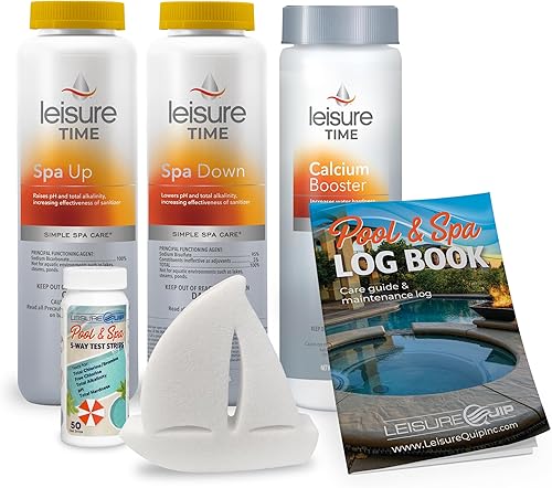 Leisure Time - Kit químico equilibrador de pH, alcalinidad y calcio con LeisureQuip ScumBoat, tiras de prueba y libro de registro (paquete