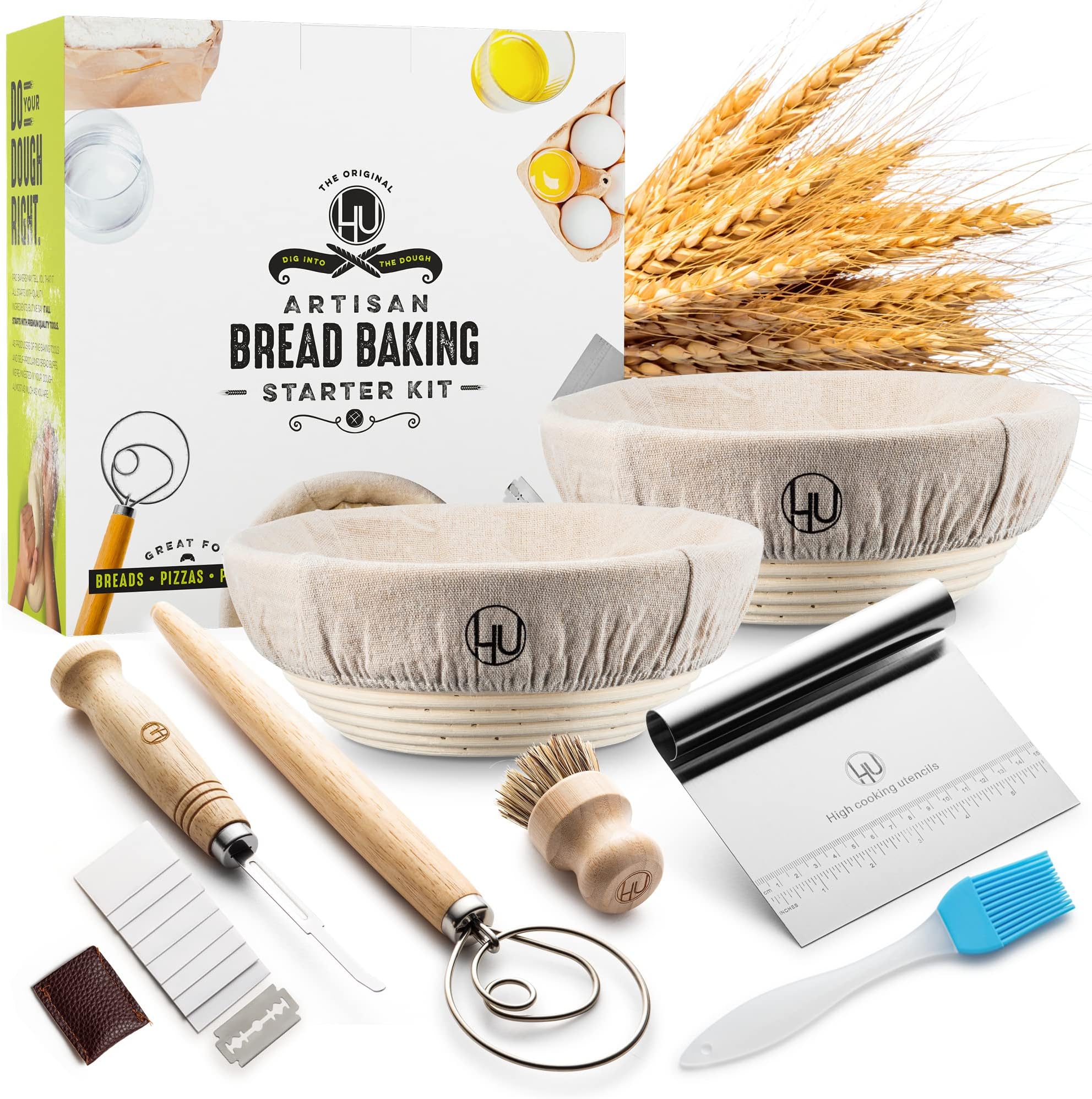 Sourdough Start Kit - Sourdough Bread Baking Supplies with Banneton Bread Proofing Basket Bowl, Cloth, Whisk, Bread Lame, Dough Scraper, 2 Brushes - Sourdough Starter Kit Bread Making & Baking Tools