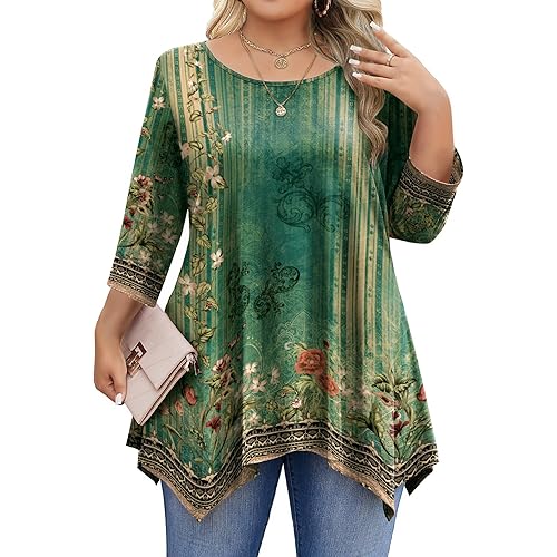 IN'VOLAND Plus Size Tops for Women 3/4 Sleeve Shirts Tunic Tops to Wear with Leggings Loose Fit Summer Fall Clothes