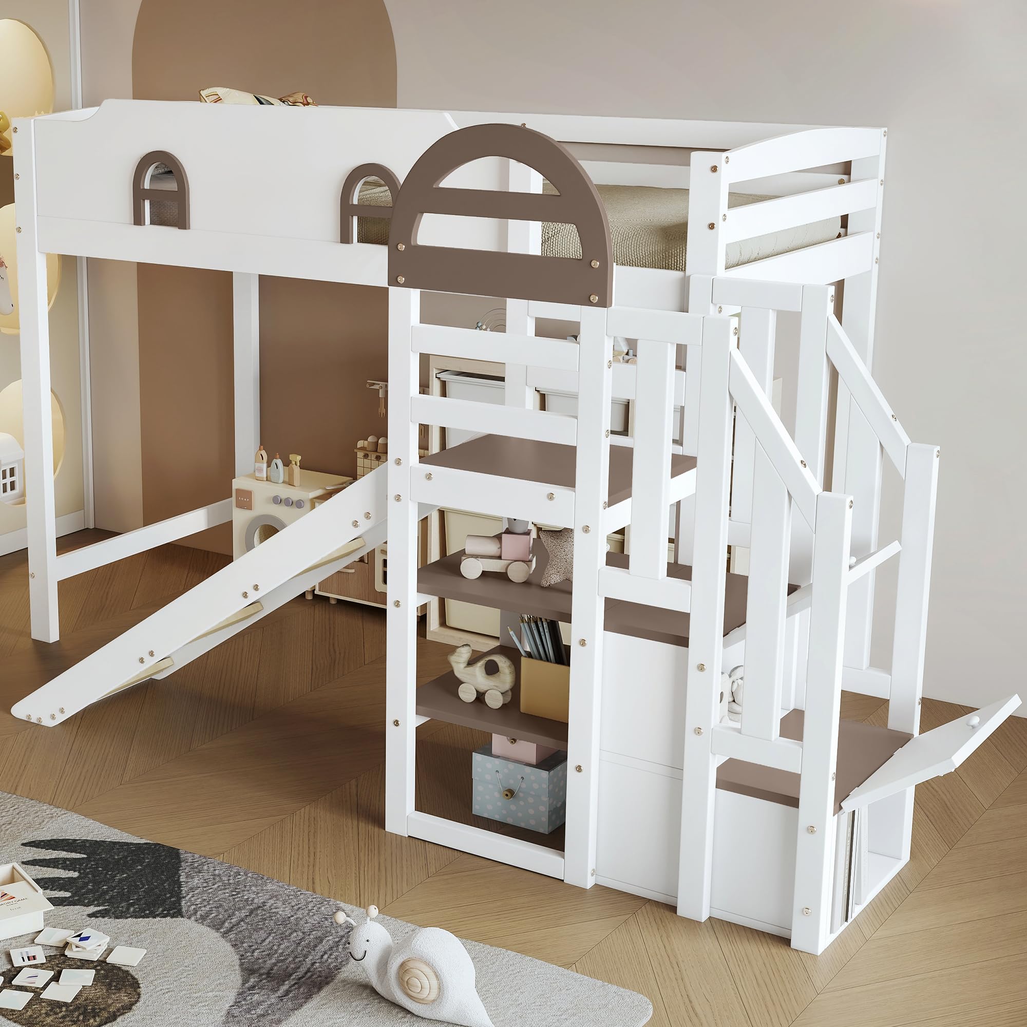 Merax Etagenbett 90x200cm, Kinderbett Hochbett mit Stauraumtreppe & Rutsche & Rausfallschutz, Platzsparendes Stockbett mit Lattenrost & Fenster, Funktionsbett für Jugend, Ohne Matratze, Weiß & Braun