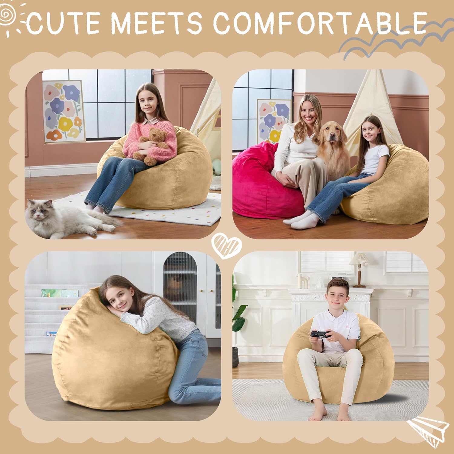 2FT Bean Bag Chair with Ultra Soft Velvet Cover Bean Bag Sofa with Memory Foam Bean Bag Chairs with Large Size Lazy Sofa for Dorm Office Living Room Bedroom Khaki 2'