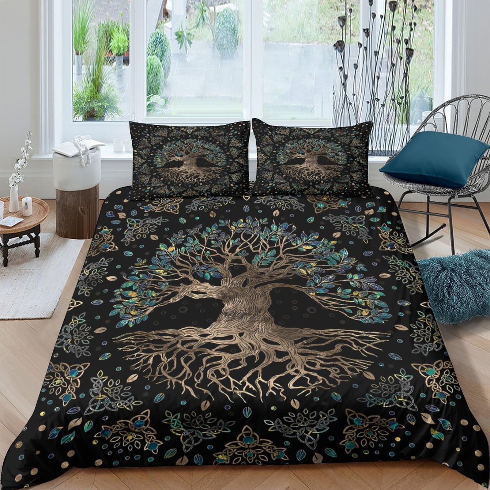 Ctjqhvkz Style-7 3D Printed Tree Of Life Fitted Sheet Microfiber Soft Black Gold Celtic Roots Bed Cover For Bedroom Dorm Decor Single（135X200cm）