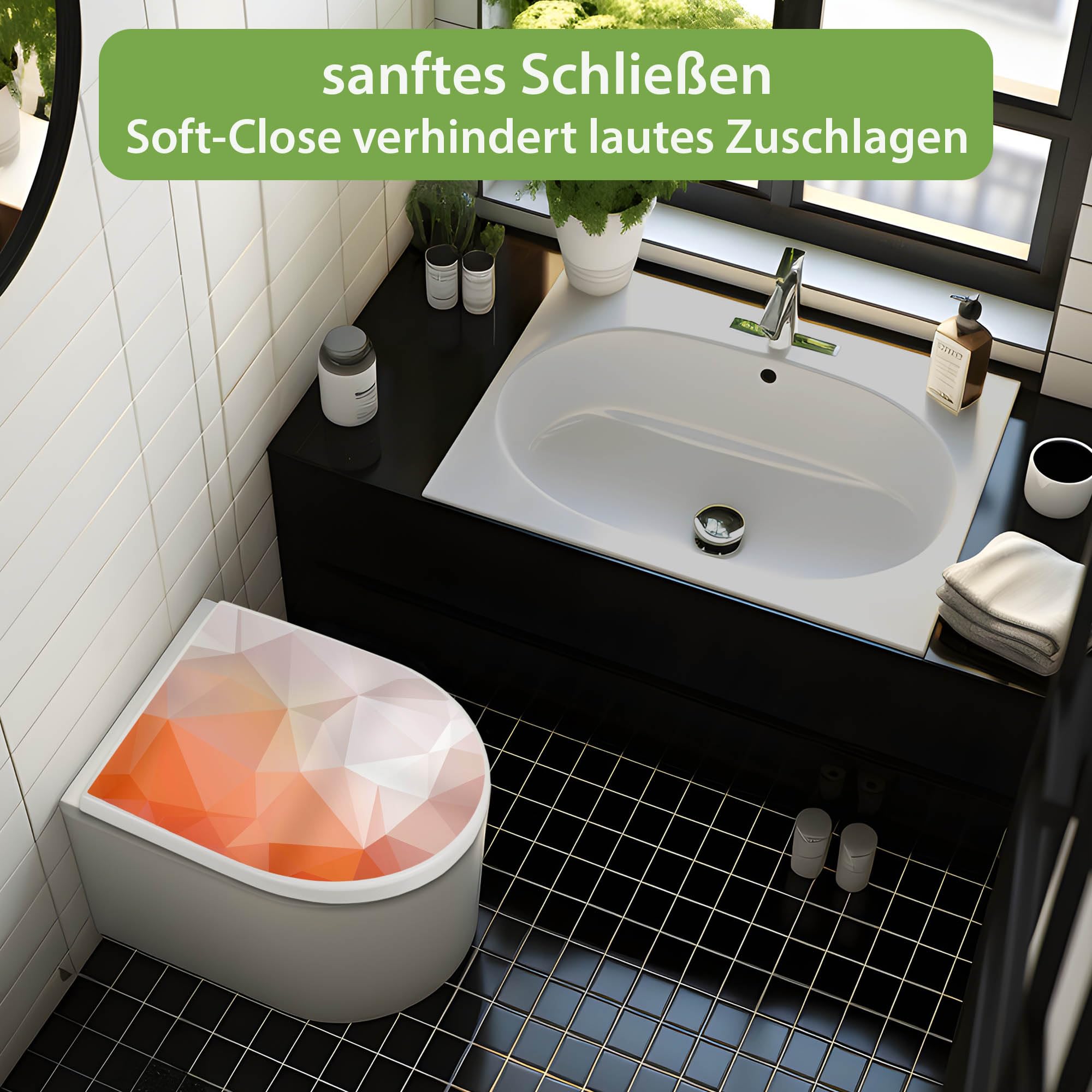 banjado WC Sitz mit Absenkautomatik D Form - Toilettendeckel mit Absenkautomatik D Form - Klodeckel Softclose - stabile Klobrille - Toilettensitz Weiß - Motiv Orange Polygon