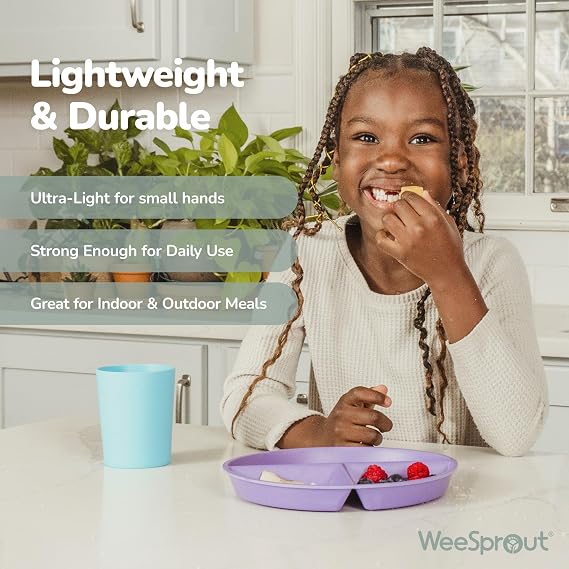 WeeSprout Divided Bamboo & Melamine Plates for Kids - Set of 4 Toddler Dinnerware, Food Grade, Kid Safe with Divided Design for Picky Eaters, Dishwasher Safe, Reusable Modern Tableware