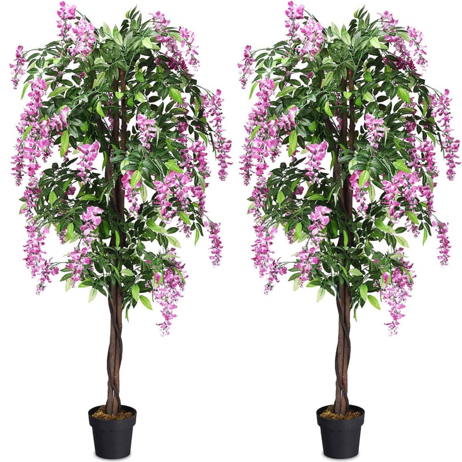 COSTWAY 150CM/180CM Ficus Artificial Tree, Fake Wisteria Trees in Nursery Pot, Indoor Outdoor Greenery Tall Faux Floor Plant for Living Room Office Decor (2, 180CM, Green+Rose)