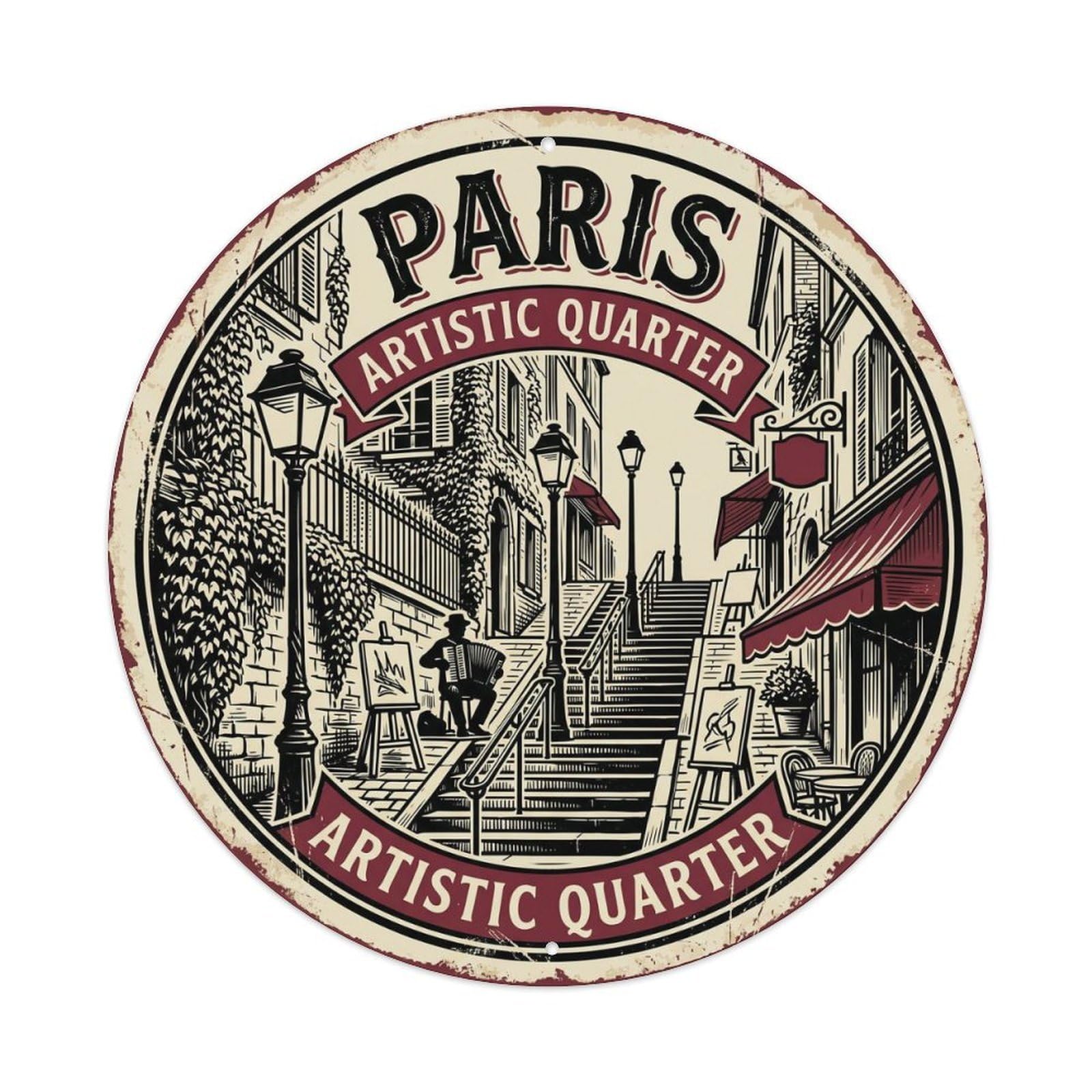 Vintage Travel Paris Montmartre France Metal Tin Sign Plaque Wall Decor for Cafe, Club, Garden Round Metal Poster 8x8Inch