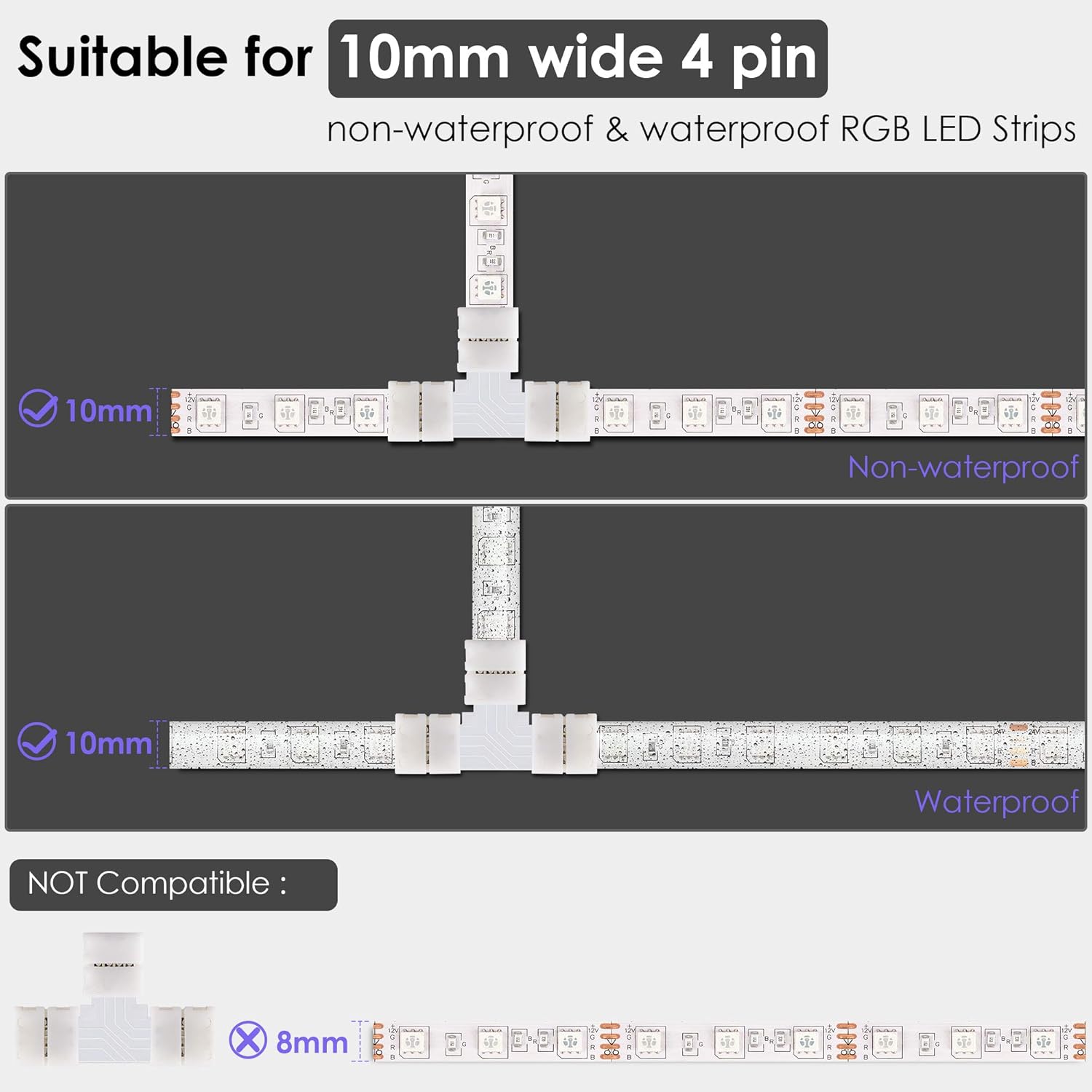 T Shape 4-Pin LED Connectors 10-Pack JACKYLED 10mm Wide Unwired Solderless Gapless Adapter Connectors Terminal Extension 12V 72W with 32pcs Clips for 5050 3528 SMD RGB LED Strip Lights - - 