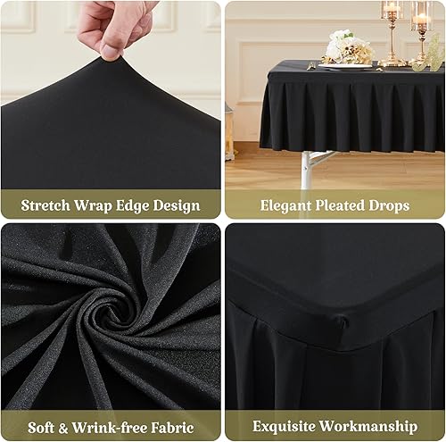 Miniatura 5 de Paquete de 1 mantel de elastano negro para mesa rectangular de 6 pies, mantel elástico sin arrugas, mantel ajustable de una pieza con falda plisada