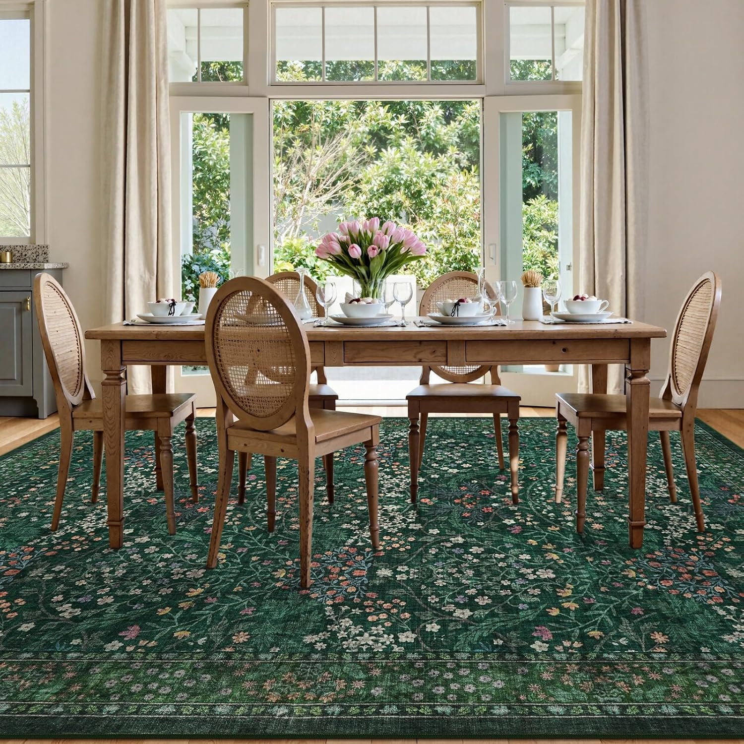 LIVEBOX Floral Dark Green Living Room Rug 8x10, Washable Area Rug for Bedroom, Vintage Green Forest Large Throw Rugs for Dining Room, Soft Non-Slip Low-Pile Boho Carpet for Kids Nursery Playroom