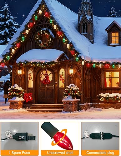 Miniatura 4 de Luces de Navidad C9 rojas, blancas y verdes al aire libre, 25 pies, luces vintage para árbol de Navidad con 26 bombillas C9 transparentes Rojo