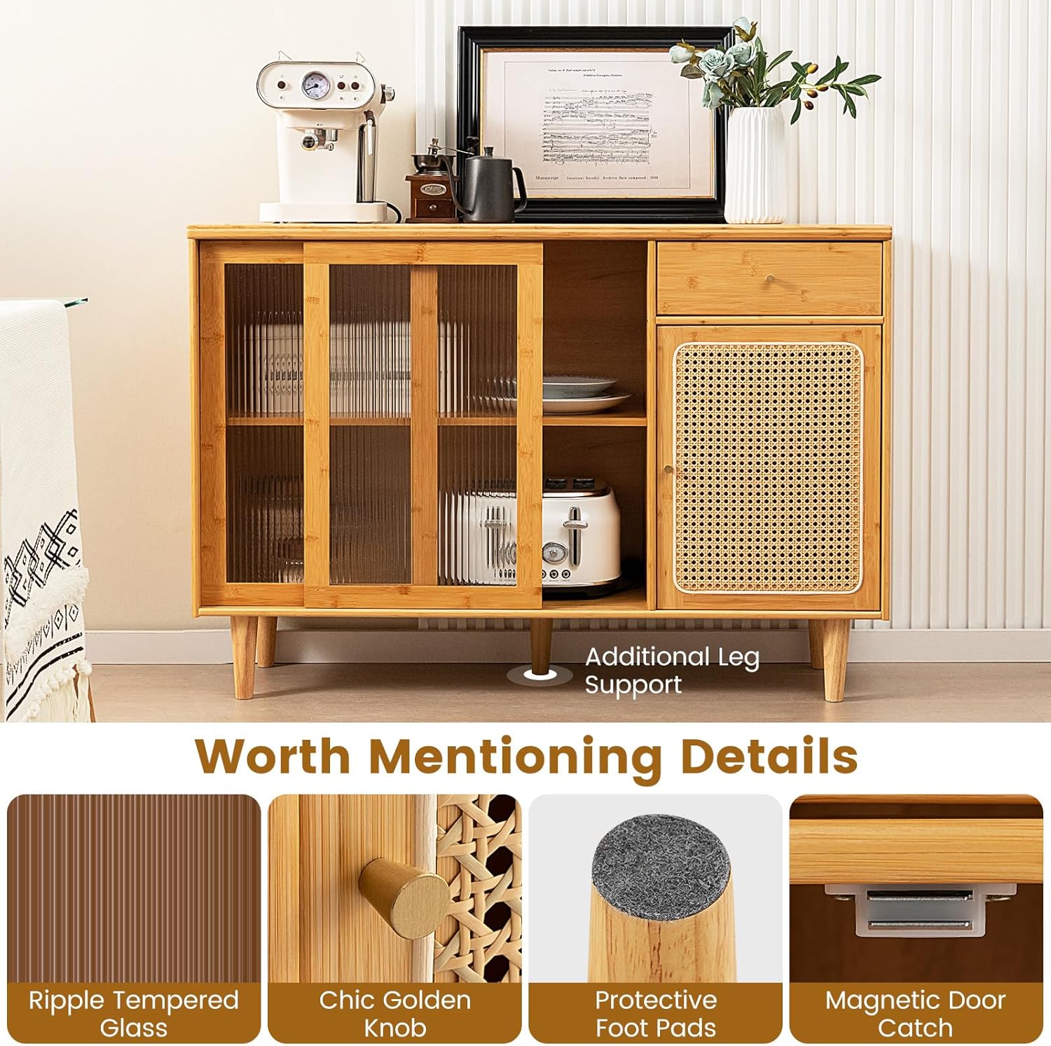 Giantex Buffet Cabinet with Storage, Bamboo Sideboard, Drawer, Rattan Glass Door Cabinet, Kitchen Cupboard, Farmhouse Console Table for Entryway Dining Room Coffee Bar