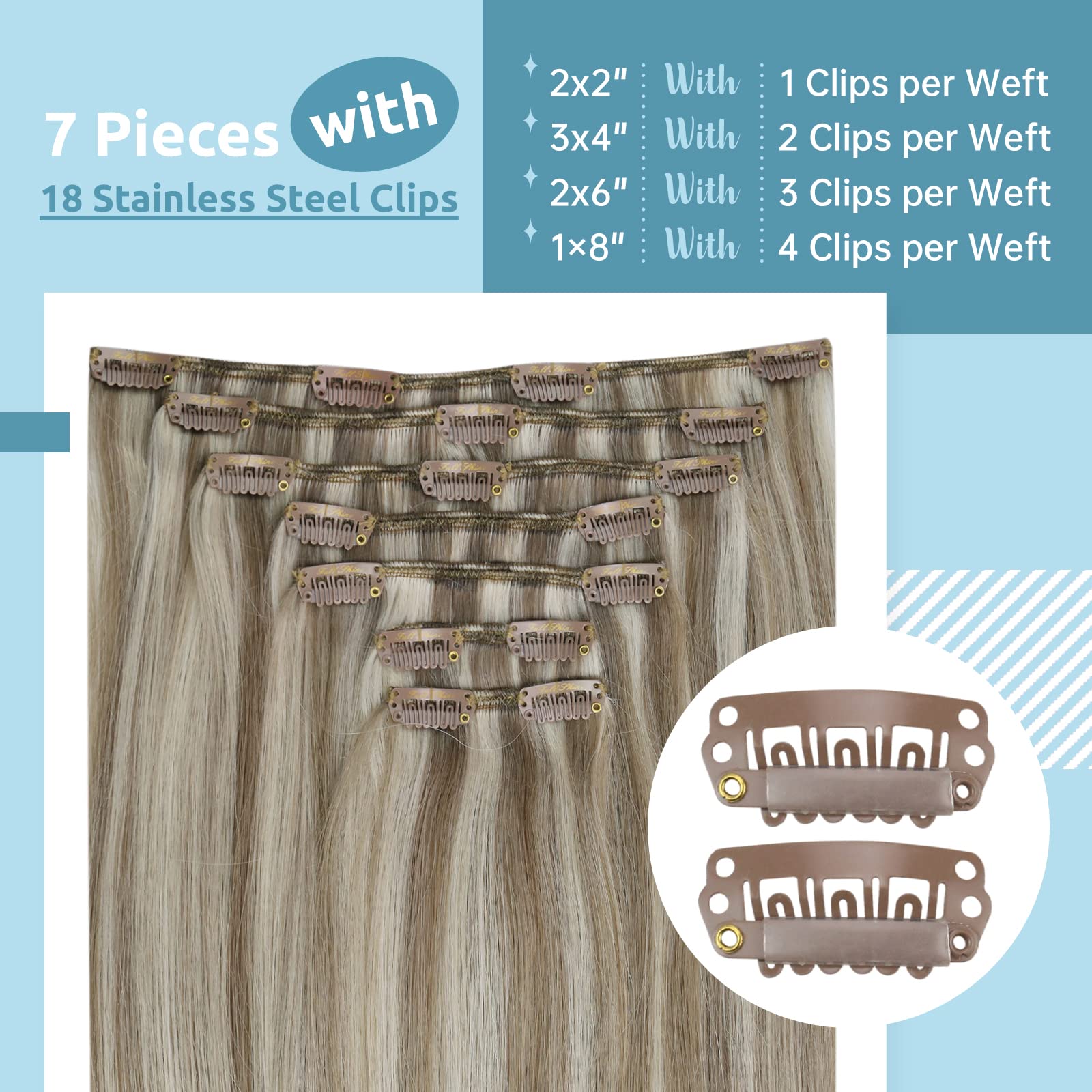 Fshine Capelli Clip in Extension 55.8cm 120g Extension Remy Hair Marrone Chiaro Alto Biondo Platino Extension 7Pcs Clip in Human Hair Extensions Lisci Capelli #8P60