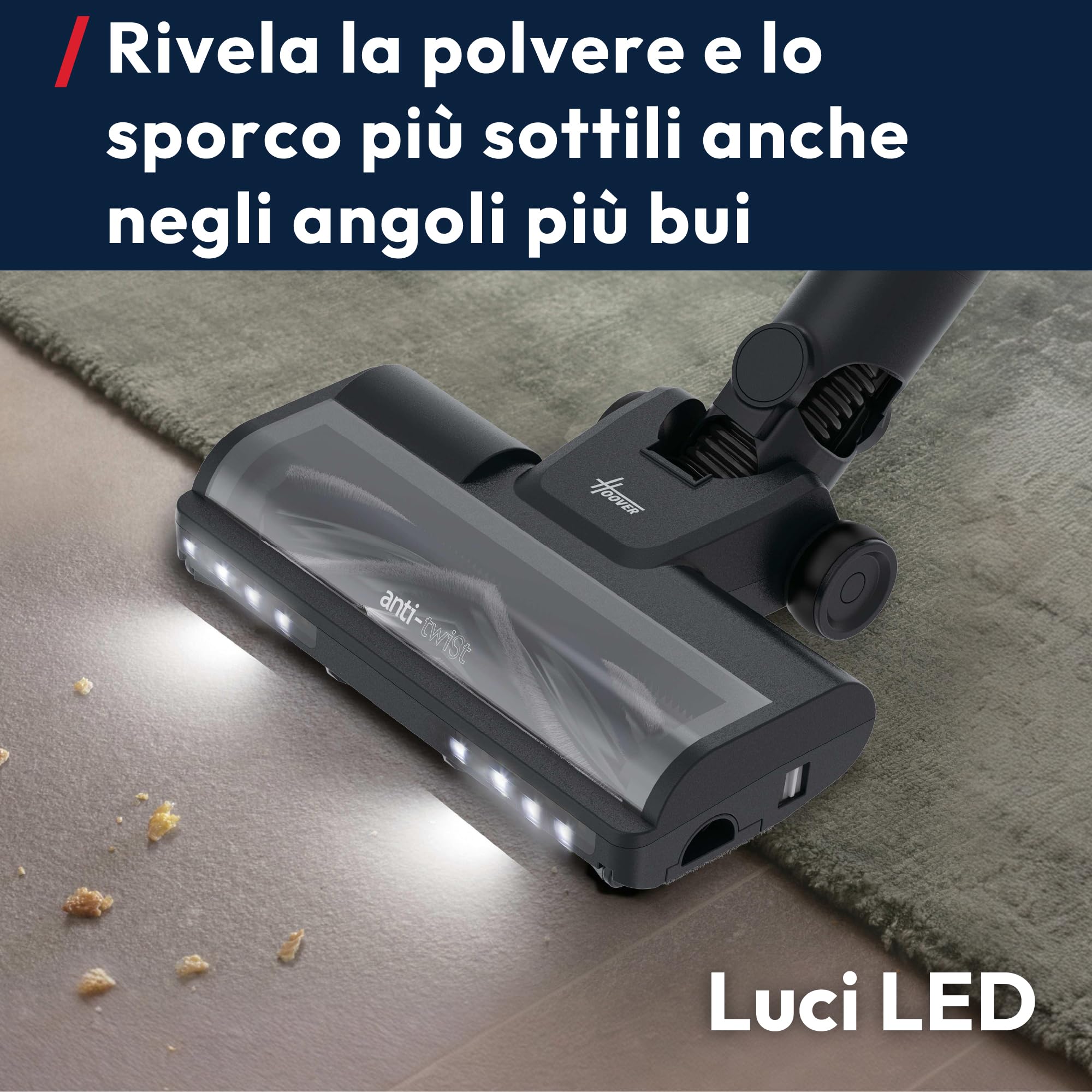 Hoover HF1 CORE Scopa Elettrica Senza Fili, spazzola multi-superficie con Tecnologia Anti-Twist, 3 modalità di potenza, Autonomia 50 Minuti, QuickPark, luci LED, 200W [XEUF1CHX]