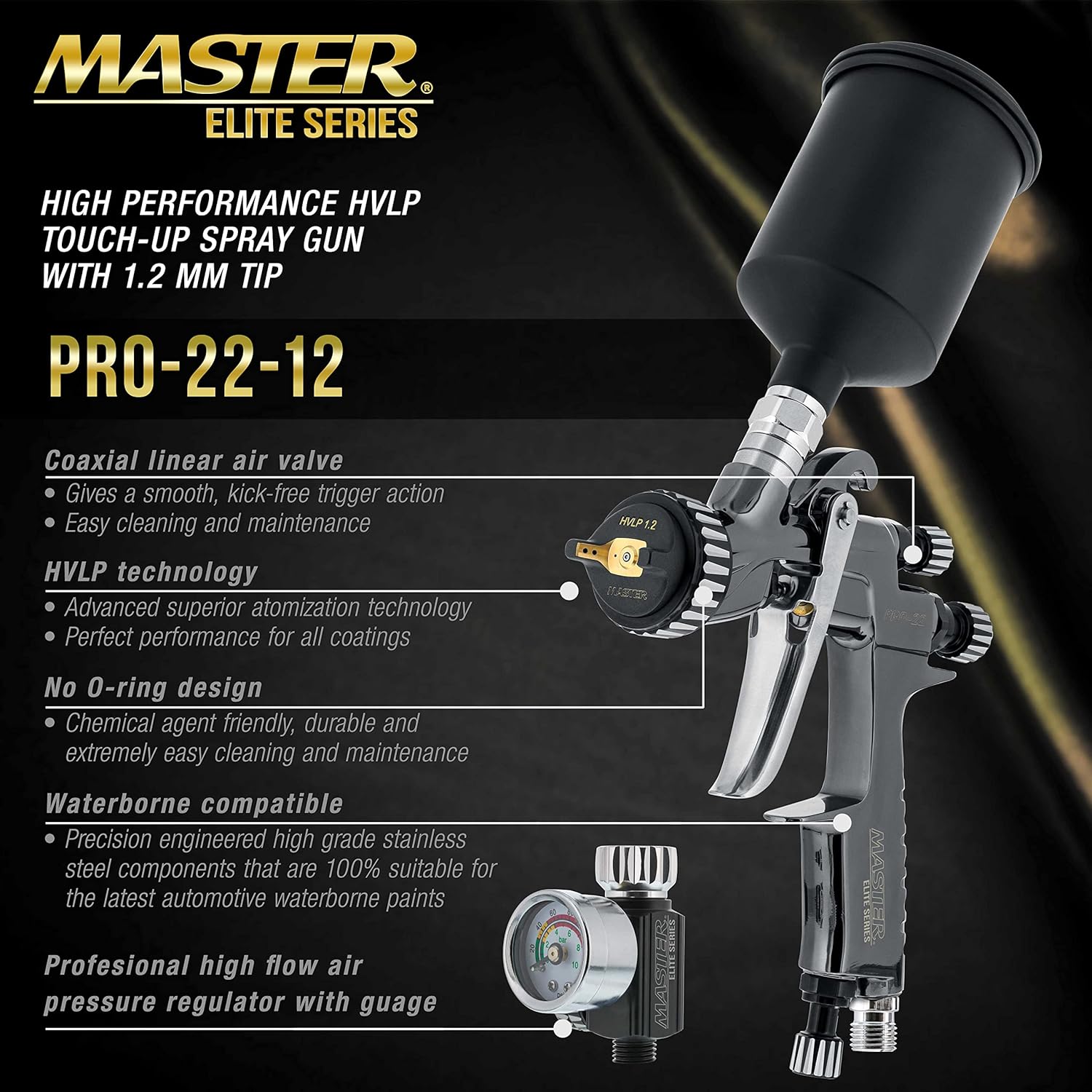 Master Elite Performance PRO-22 HVLP Air Spray Paint Gun with 1.0mm Tip, 150ml Cup, Air Pressure Regulator Gauge - Air Paint Sprayer Gun for Cars, Painting Base & Clearcoats