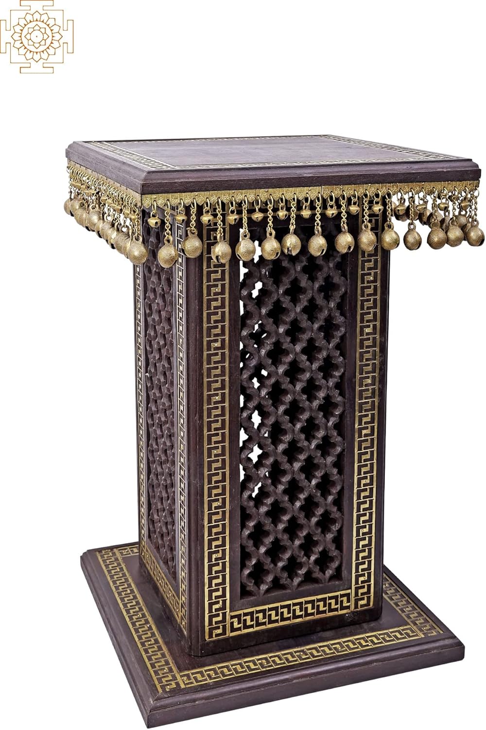 Exotic India 25" High Wooden Pedestal with Lattice, Brass Work and Ghungroos | Wooden Pedestal | Handmade | Made