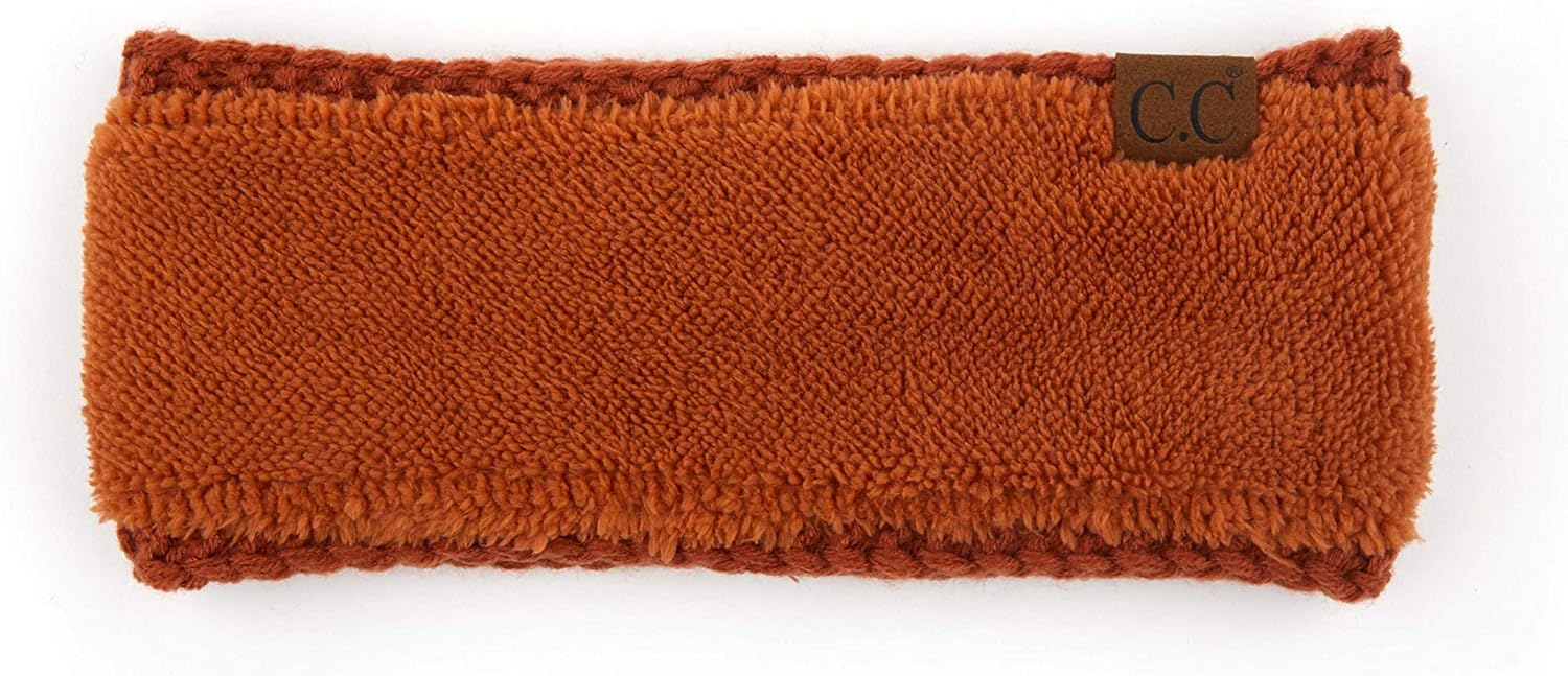 C.C Winter Fuzzy Fleece Lined Thick Knitted Headband Headwrap Epoxy Button for Face Masks (BHW-1) (A Button Cinnamon) - Image 5