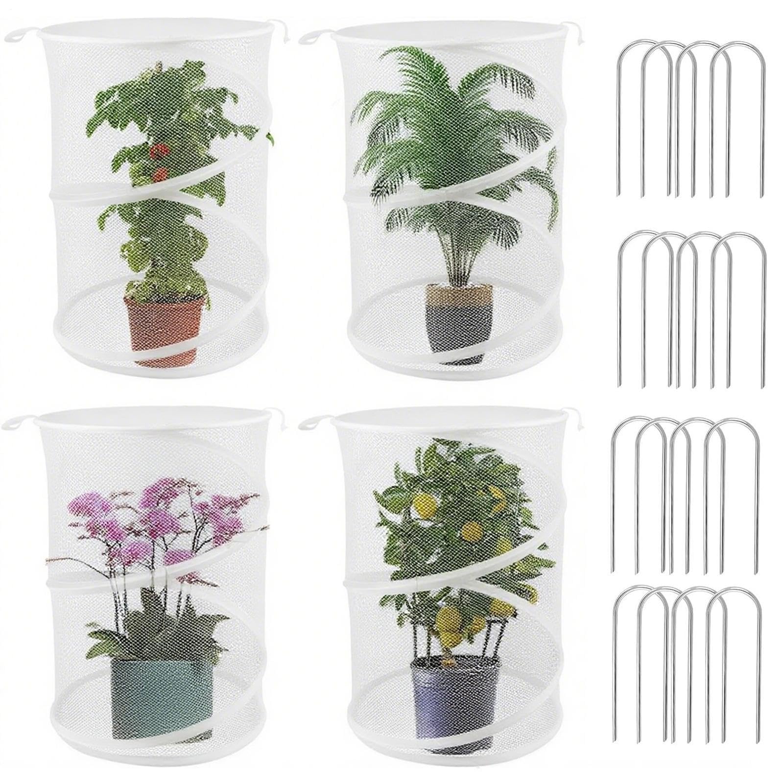 Netz-Pflanzenabdeckung 4-Teilige Tier-Barriere mit 16 stabilen Erdspießen | Aufstellbare Garten-Pflanzenschutznetz-Abdeckung für Hochbeete, Erdbeerbeete, Terrassen, Obstplantagen sowie Gewächshäus