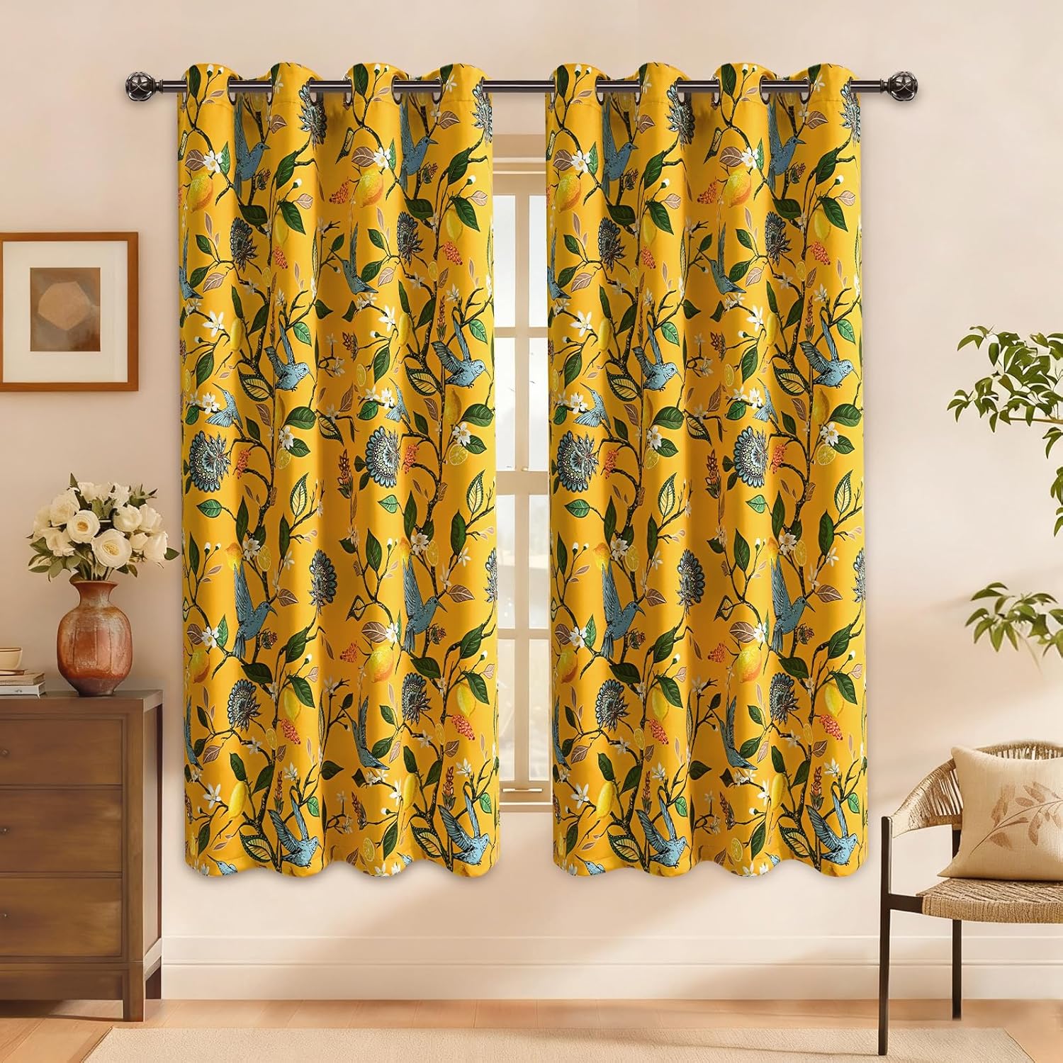 FRAMICS 100% Blackout Curtains for Bedroom Vintage Yellow Floral Curtains for Living Room 63 Inches Long, Luxury Patterned Curtain Lemon Hummingbird Grommet Thermal Insulated Drapes, 2 Panels