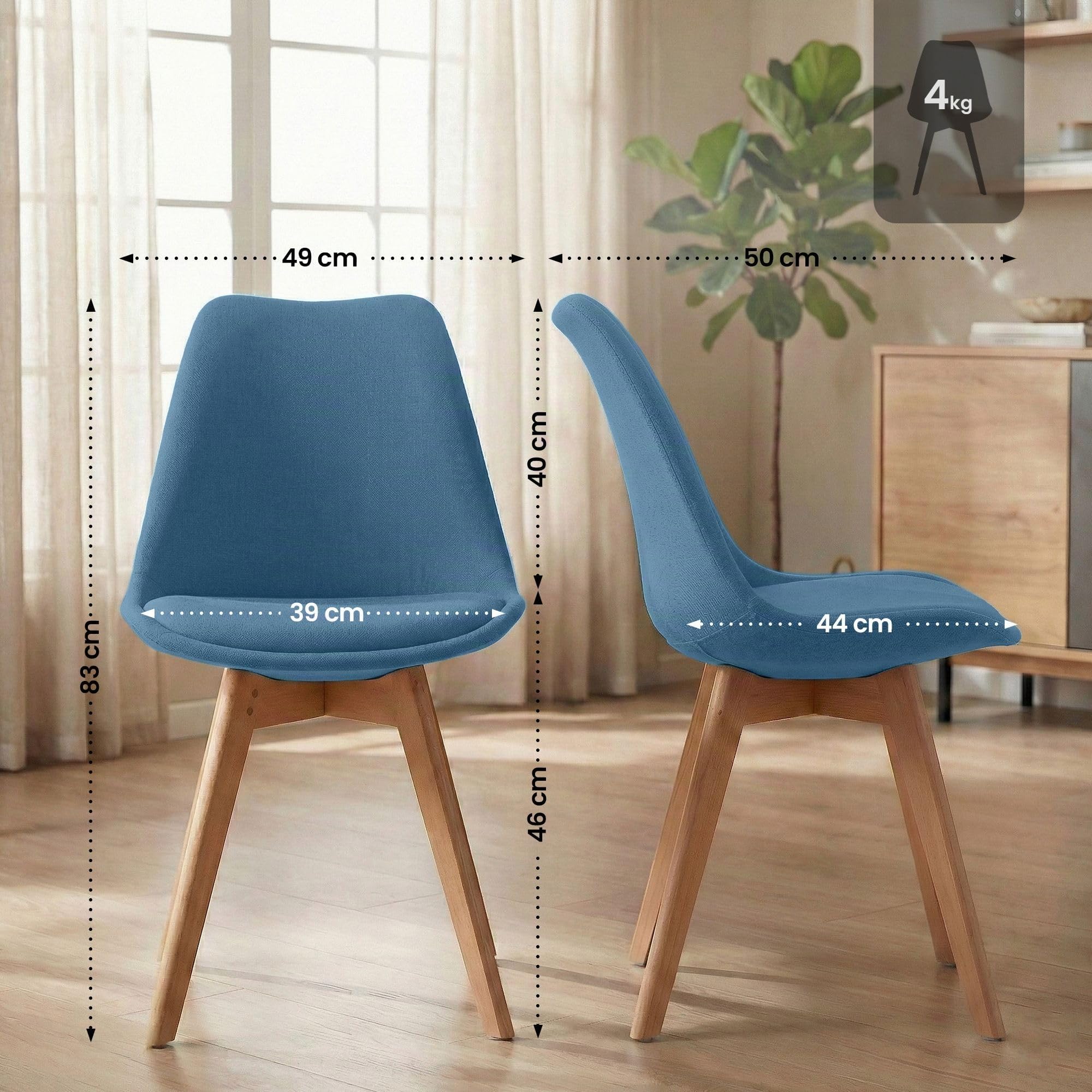 CLP Esszimmerstuhl 4er Set gepolstert Linares, Küchenstühle mit Rückenlehne und Holzgestell Buchenholz, Polsterstühle mit Bodenschonern Farbe blau Material Stoff