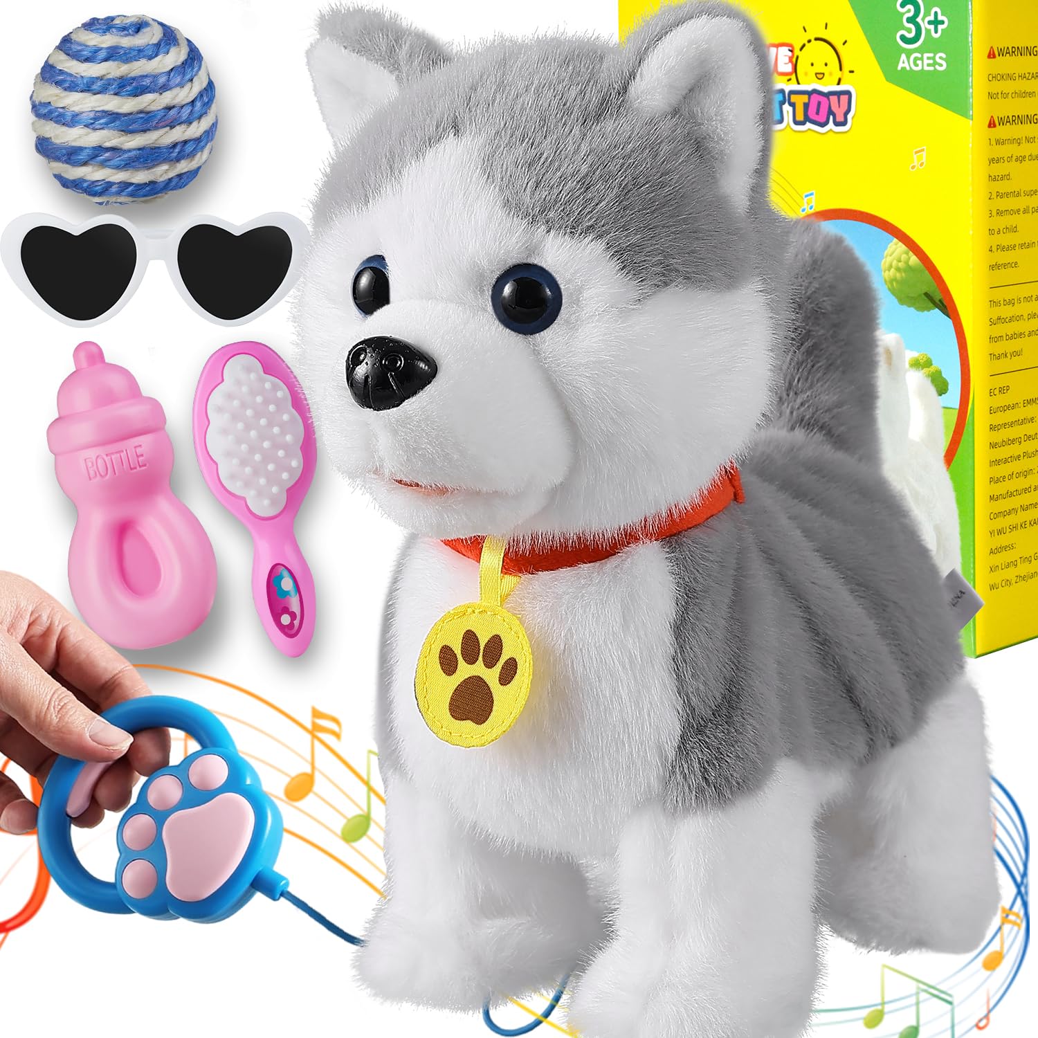 Jouet husky chantant qui marche qui aboie et répète ce que vous dites - Queue réaliste et léchante - Chien mécanique avec touche électronique ou parole