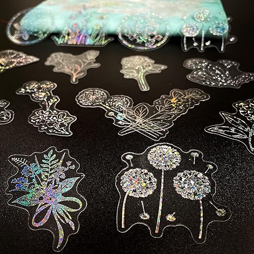 Miniatura 6 de Calcomanías holográficas de flores con purpurina (100 piezas), calcomanías grandes transparentes impermeables, calcomanías decorativas para álbumes