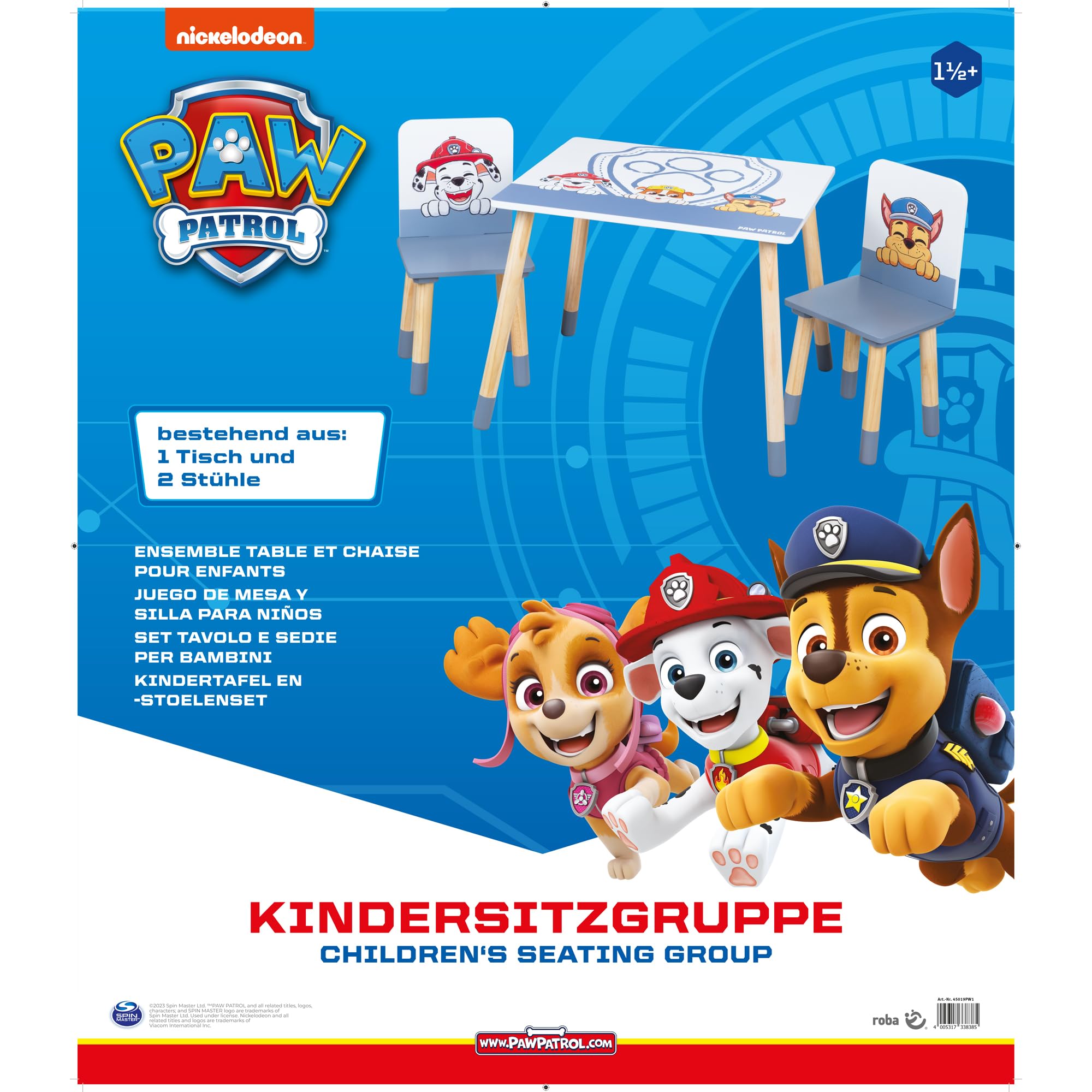 roba Paw Patrol Lit Montessori 70 x 140 cm avec Barrières de Sécurité pour Enfant Jusqu'à 7 Ans + Sommier et Linge de Lit - Blanc/Motif Chiens Chase Marcus Ruben Stella