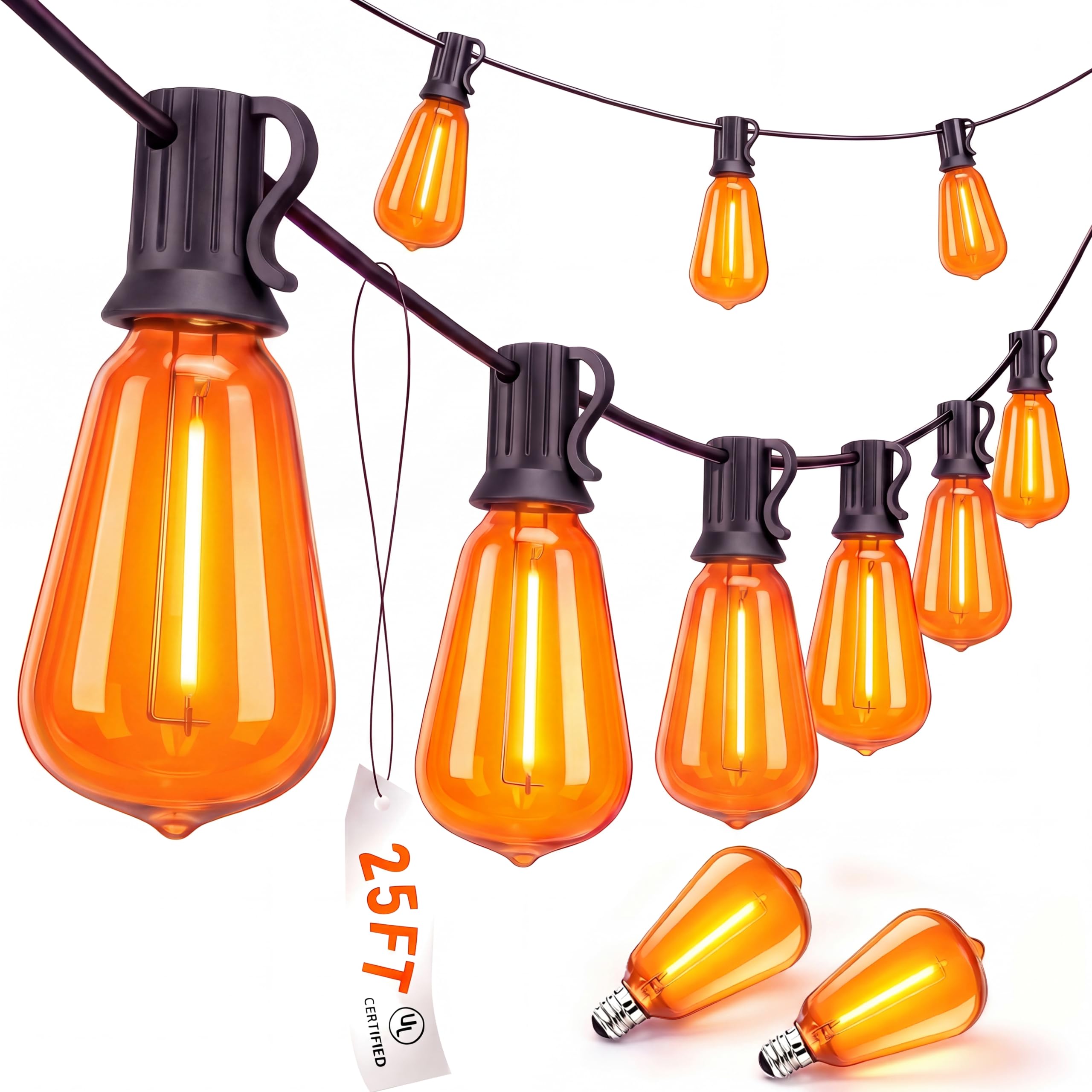 Best Halloween String Lights — Indoor & Outdoor Magic 5 Doratale orange ST38 Edison bulb string lights hanging over a patio with warm orange glow