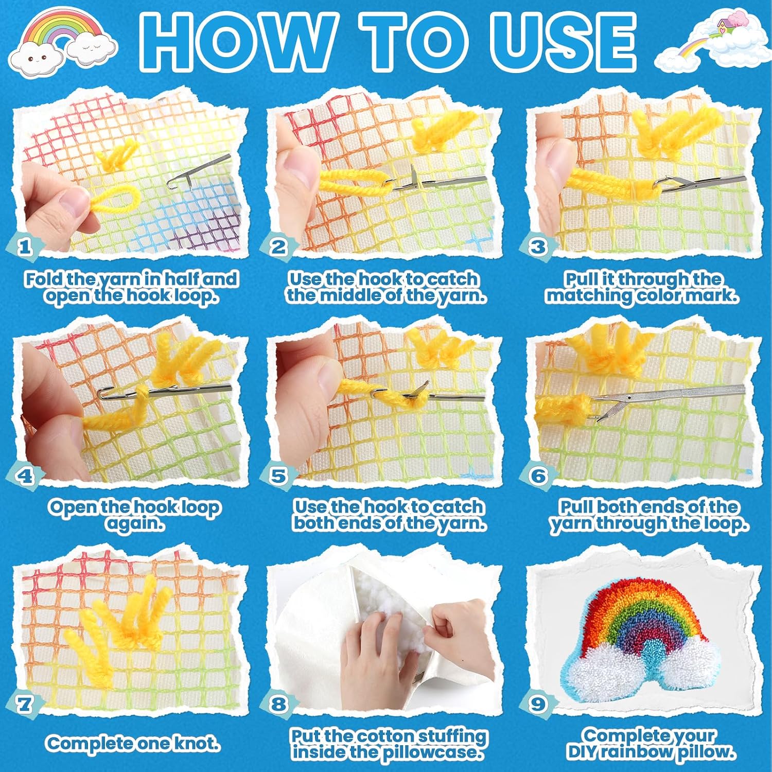 Justforjoyful Rainbow Latch Hook Kit Rainbow Pillow DIY Craft Kit for Making Your Own DIY Pillow Valentine's Day Craft Kit for Pattern Paint Cross Sewing Sofa Cushion Plush Gift