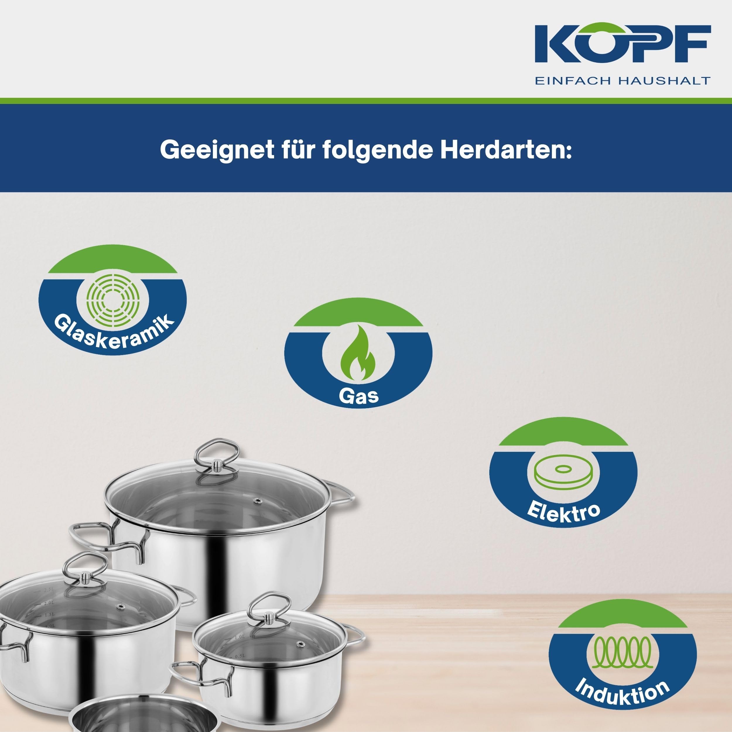 Kopf Topfset Merkur aus Edelstahl - Induktionstöpfe mit Schüttrand, Literskala und Glasdeckel – 4-teilig