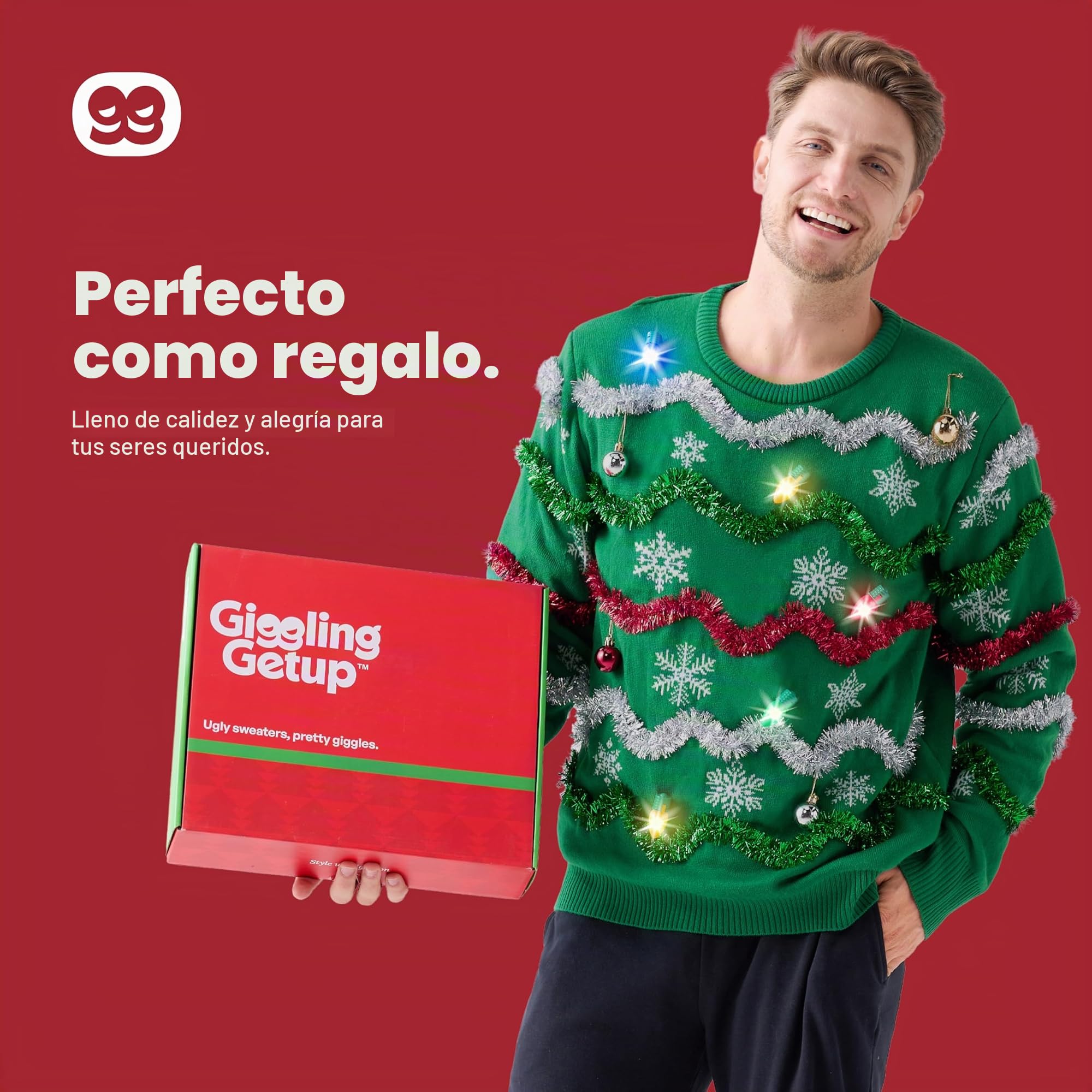 Giggling Getup Suéter feo de Navidad para hombre, suéter feo verde con luz LED, suéter feo de vacaciones para hombre