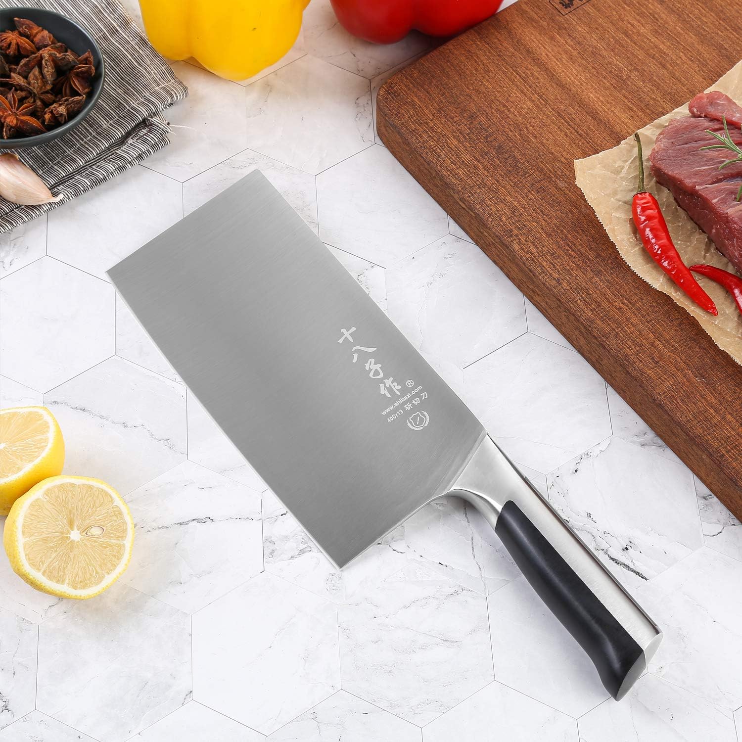 SHI BA ZI ZUO 7 Inch Cleaver Knife for Chopping Bones and Cutting Meat