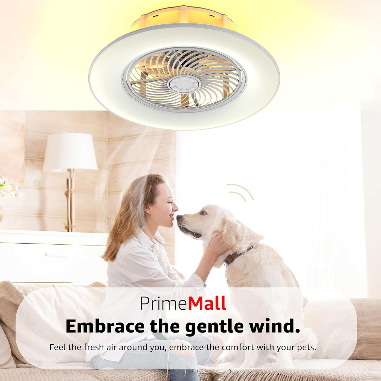 Ceiling Fans with Lights and Remote Control 22 inch with Ambient Light Bladeless Low Profile Ceiling Fan Flush Mount Enclosed Smart Ceiling Fan Light LED Dimmable Lighting (Moonlight Model)