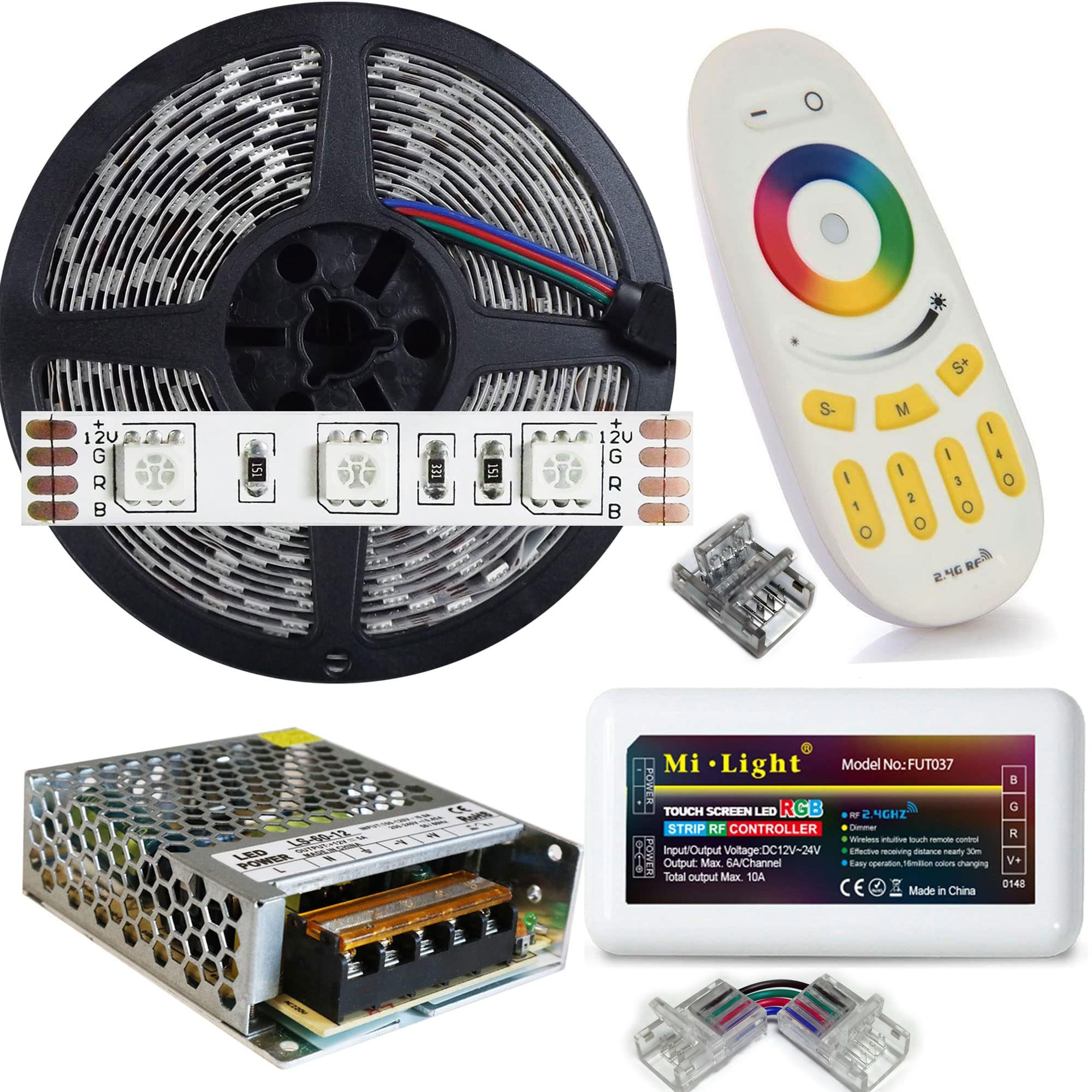 Kit da 5mt Striscia Led RGB composto da 1 Bobina NON Waterproof ip20 + 1 Trasformatore da 60W 12V e 1 Controller +1 Telec. Con 300 Led RGB sviluppa 4500 Lumen